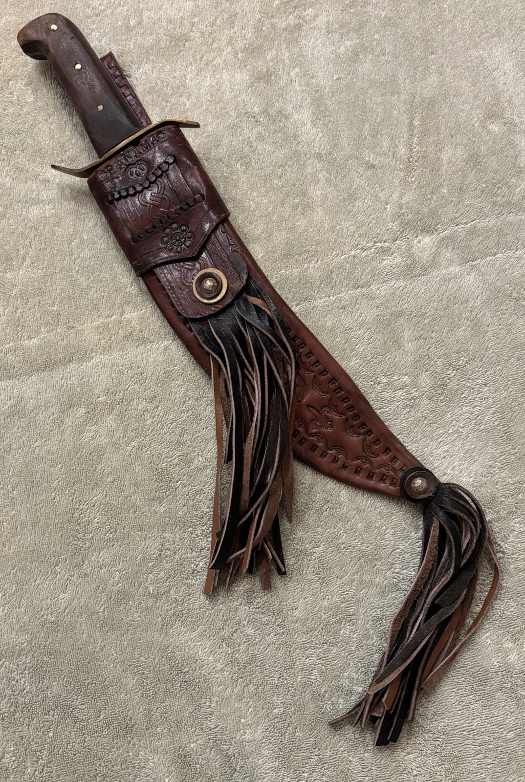 BOWIE - VINTAGE PANAMA CUSTOM 9.5”BLADE - LARGE INTRICATE LEATHER SHEATH