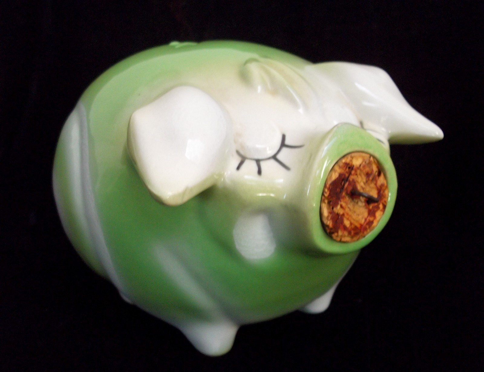 VTG MCM Hull Pottery Corky Pig piggy bank GREEN with original cork and ring 1957