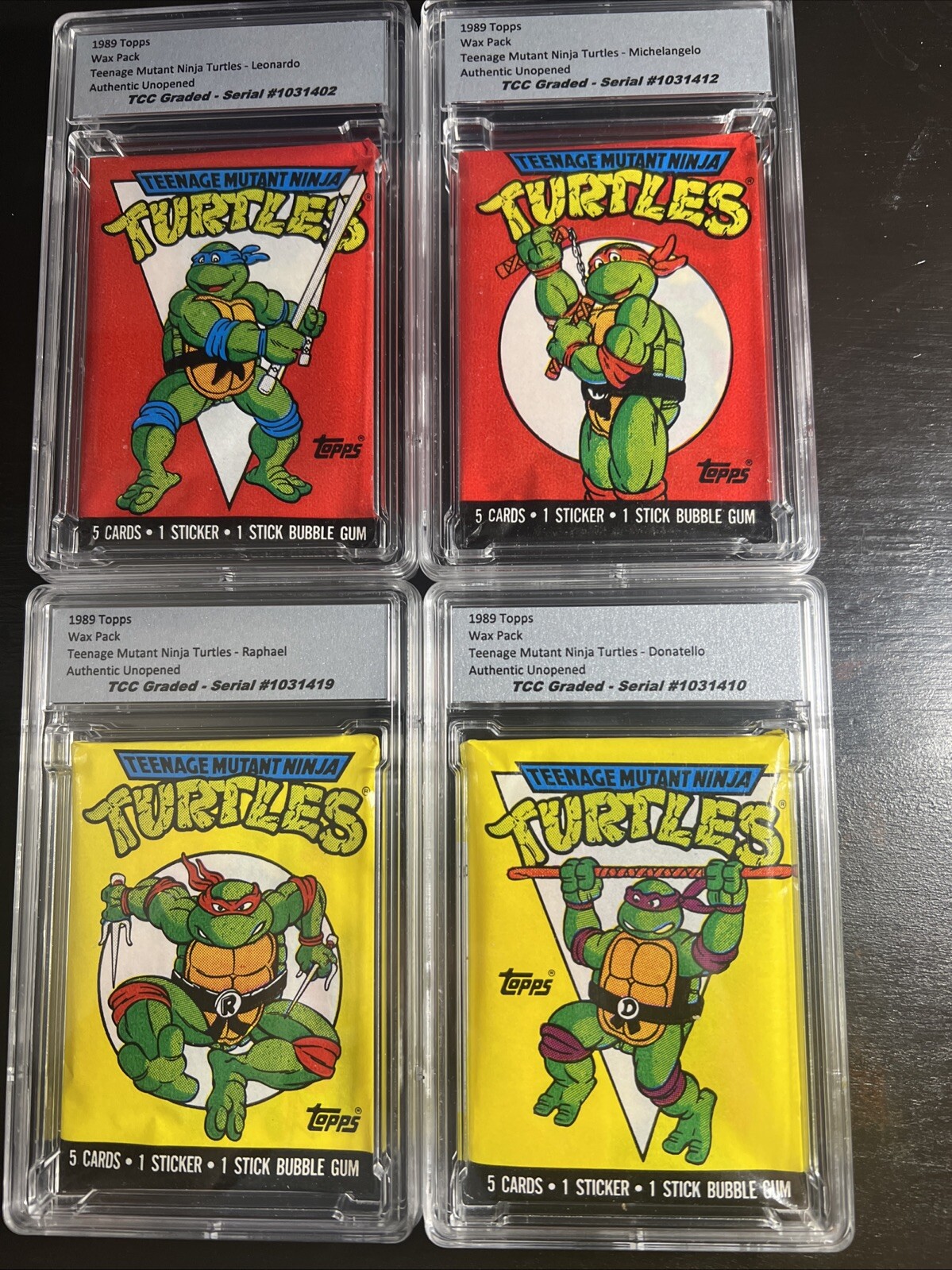 1989 Topps Teenage Mutant Ninja Turtles Wax Pack Set Of 4 Unopened Encapsulated