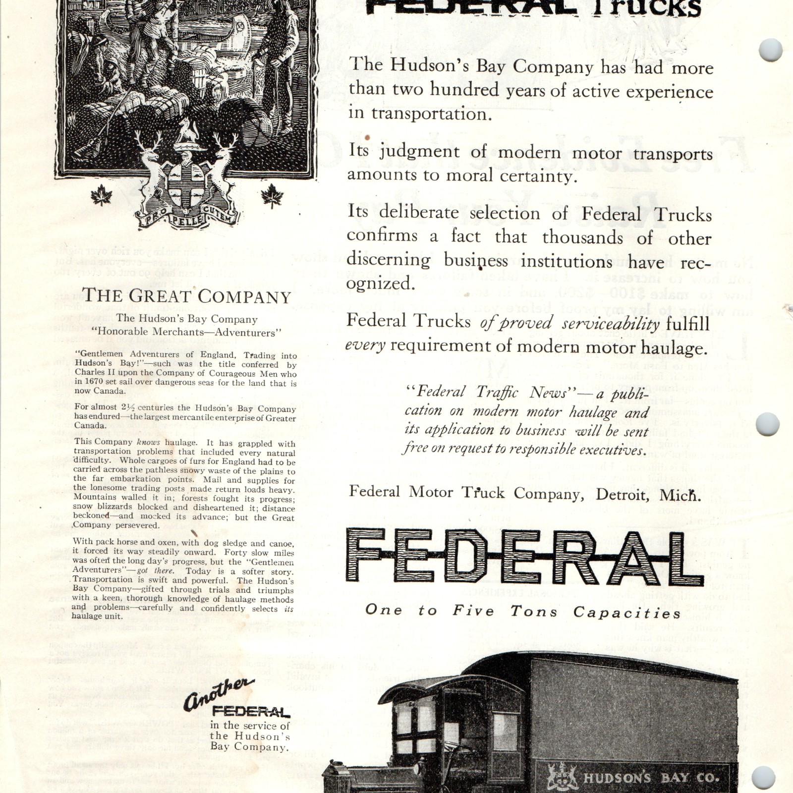 1919 Federal Motor Truck Co Hudson\'s Bay HBC Detroit MI Literary Digest Print Ad