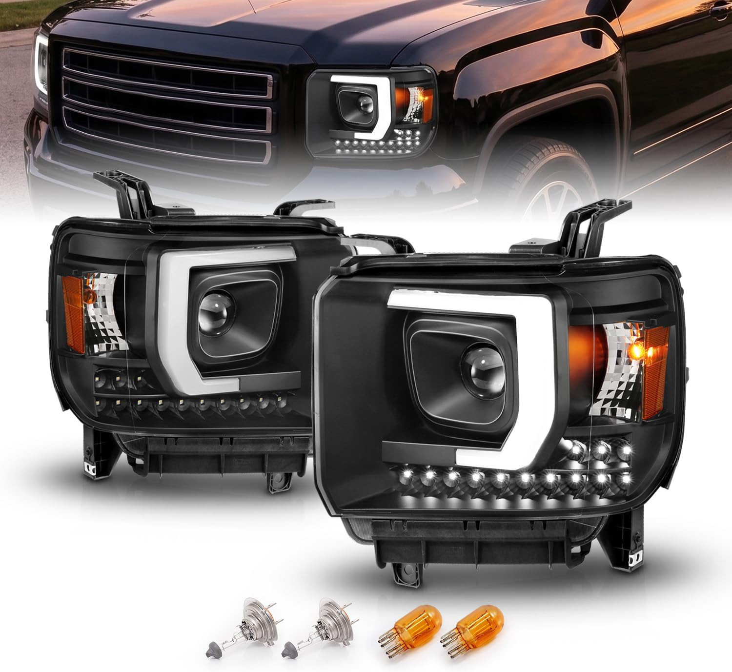 for 2014-2016 GMC Sierra 1500 2500HD 3500HD [Halogen Type] LED Bar Projector Bla