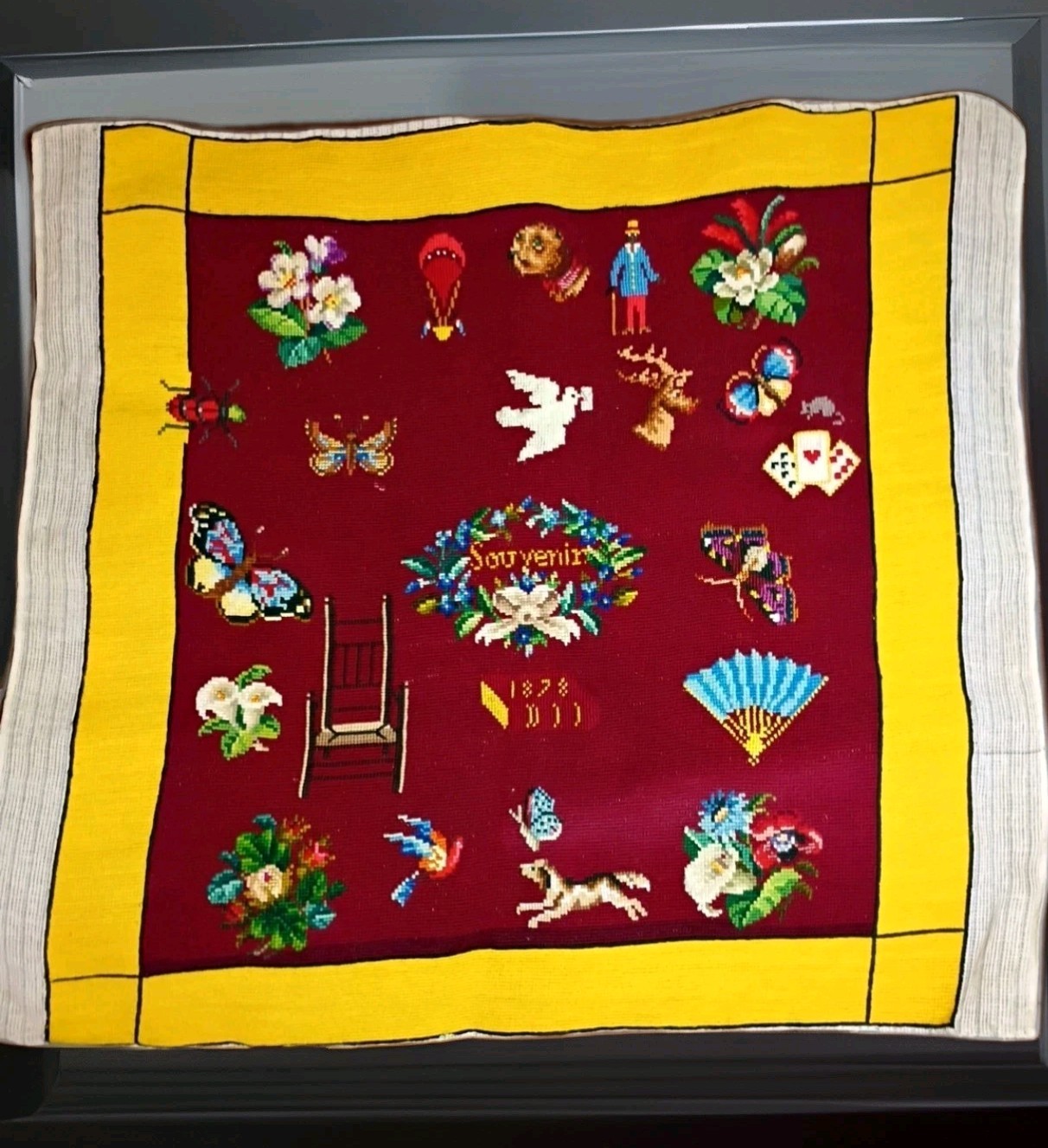 1878 Antique Victorian Black Americana Embroidered Souvenir Folk Art Textile