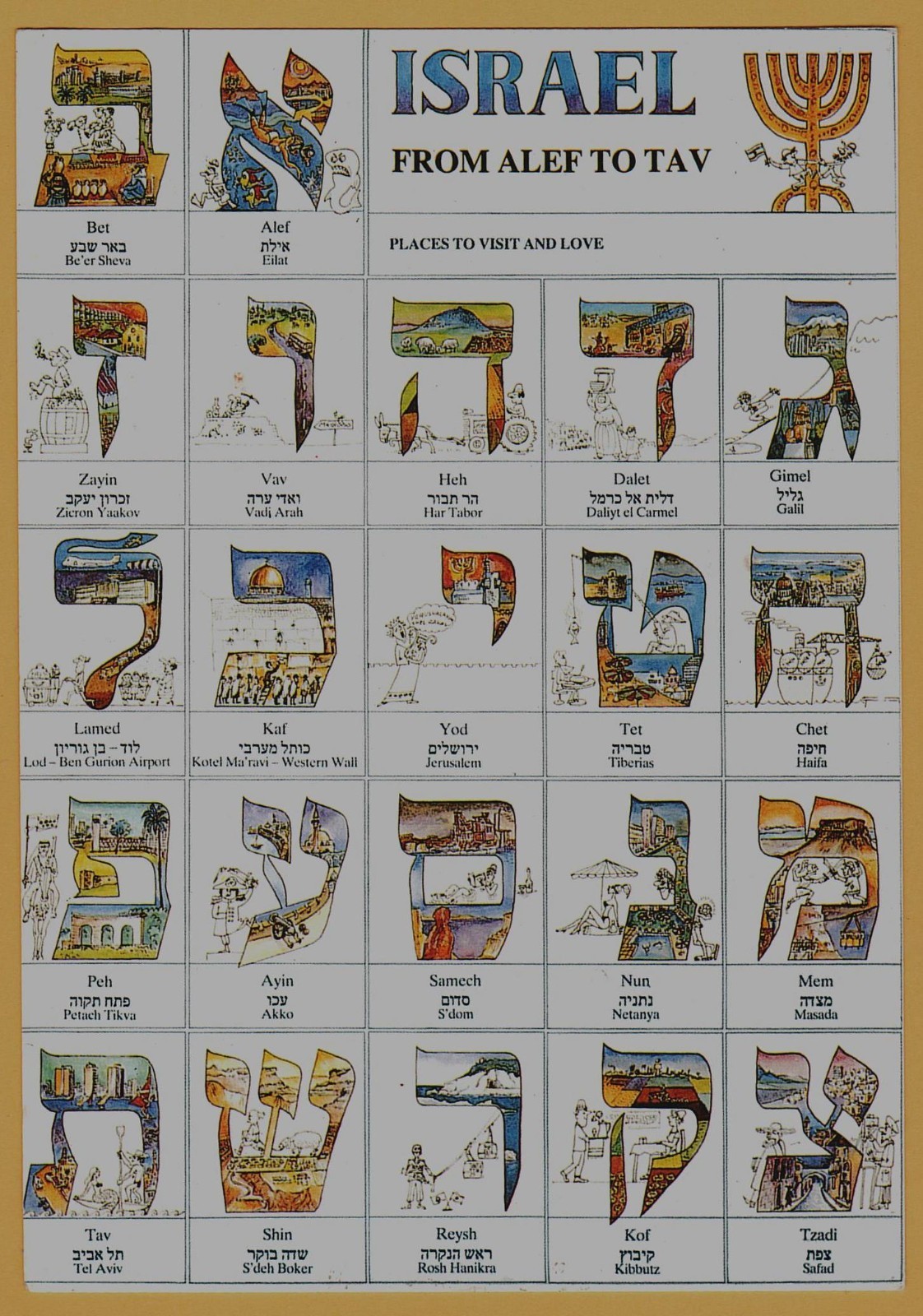 Israel From Alef to Tav Hebrew Alphabet Jewish Educational Ill. Map Vintage