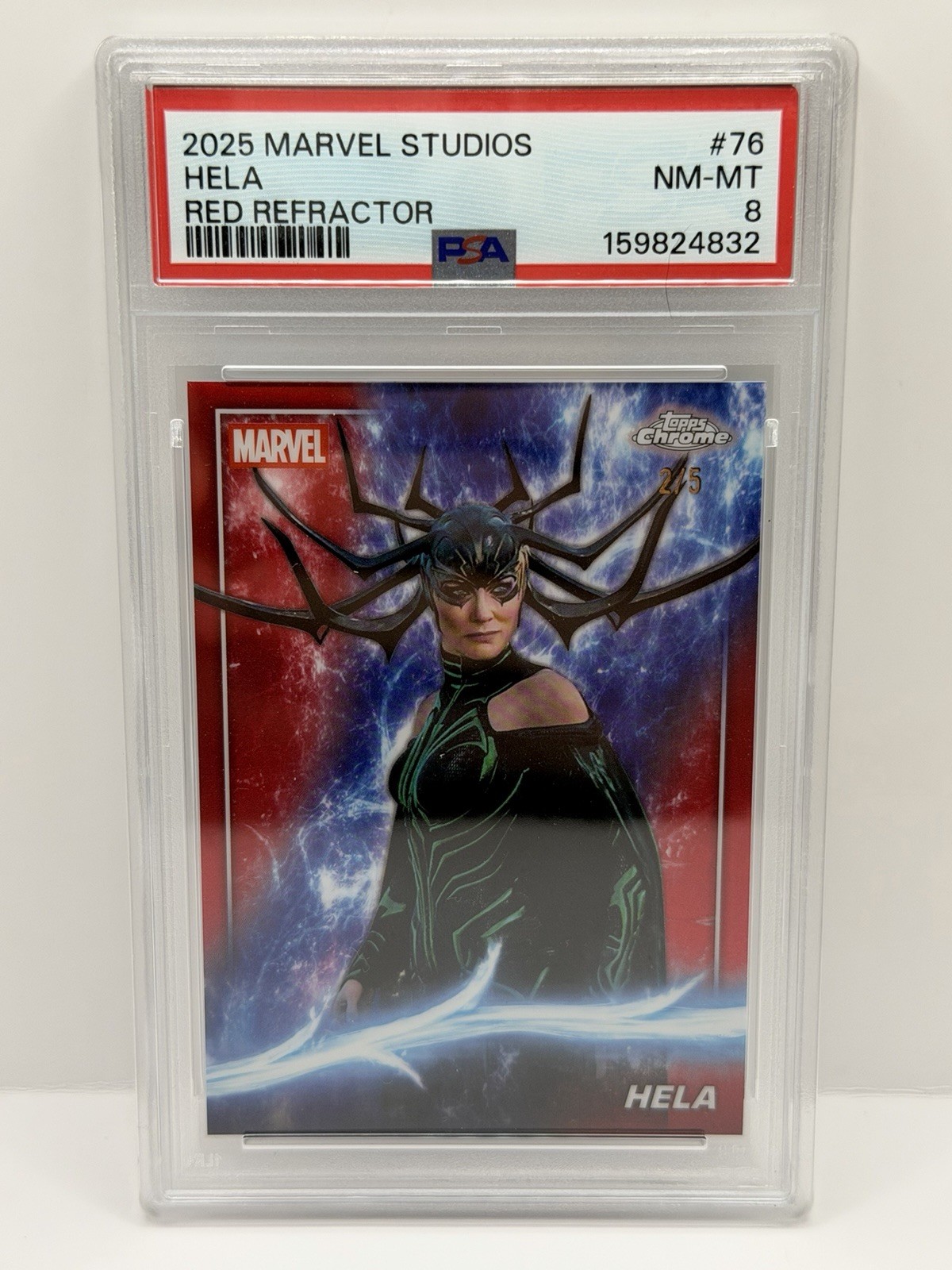 Hela 2025 Topps Chrome Marvel Studios Red Refractor 2/5 PSA NM-MT 8 Card No. 76