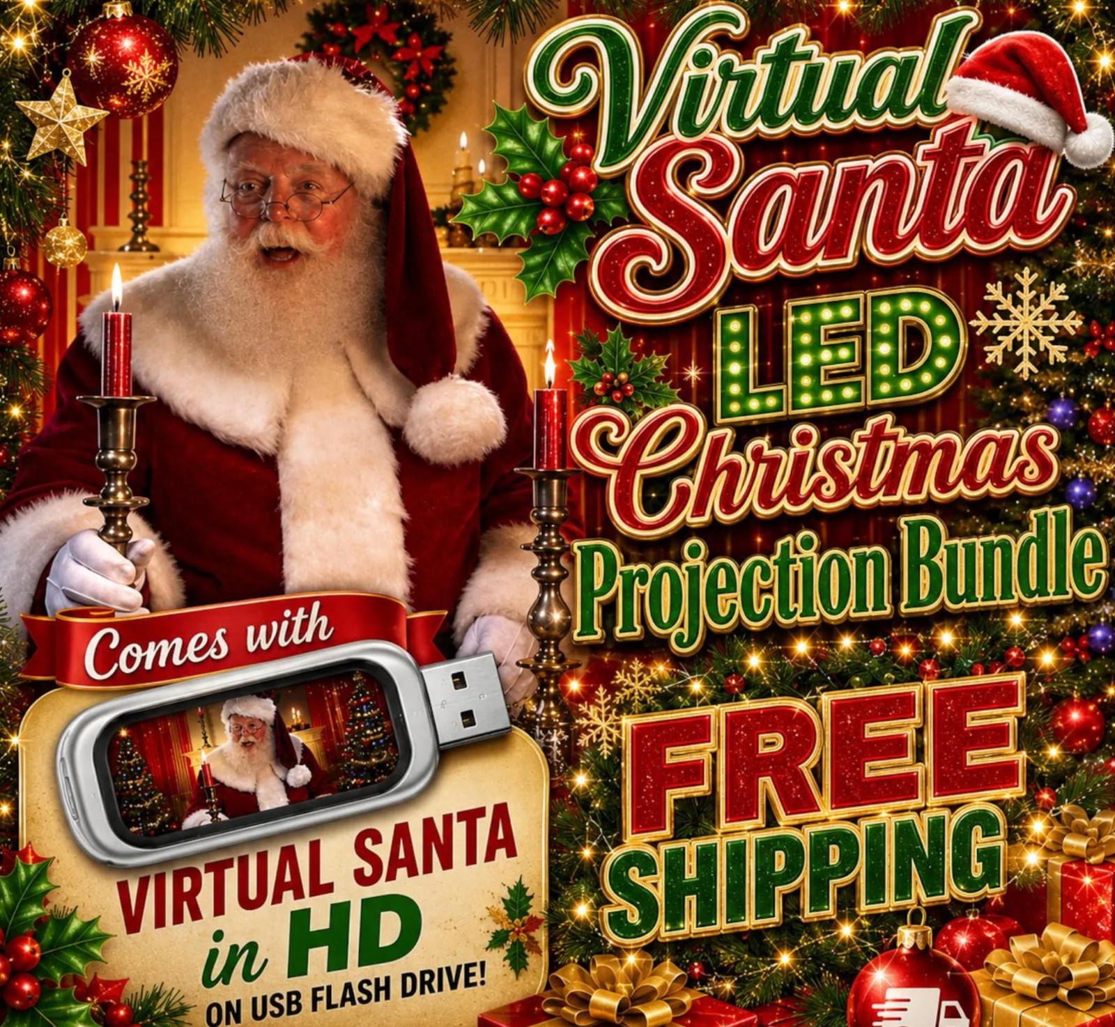 VIRTUAL SANTA - LED Projection Kit: LED Projector, Screen, 29 Effects on USB