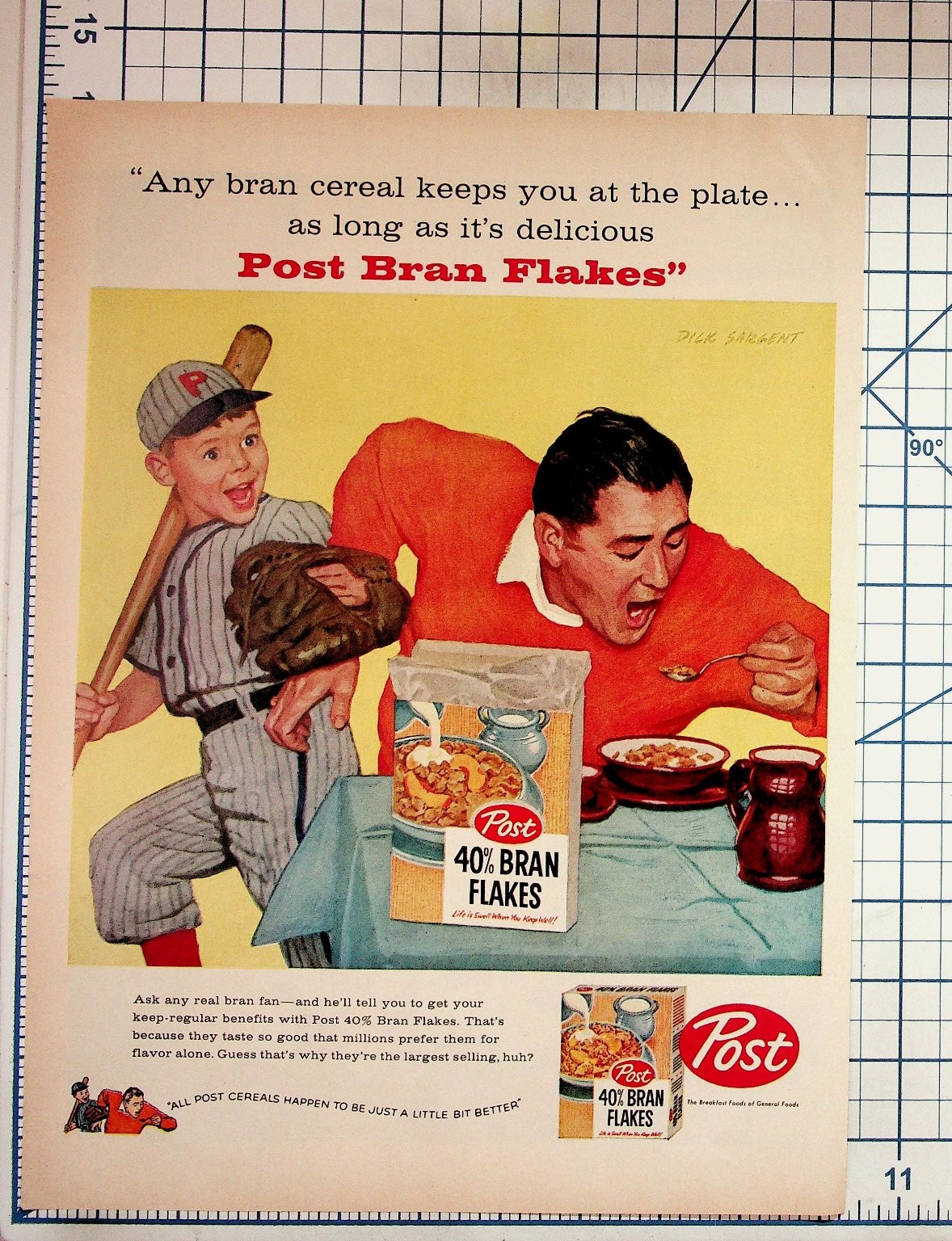 Vintage Post Bran Flakes Ad 1950s Dick Sargent Baseball Cereal Ephemera