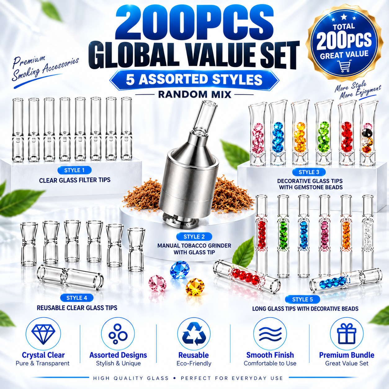 200PC Pyrex Glass Mini Chillum One Hitter Diamond Filter Tip Smooth Tobacco Pipe