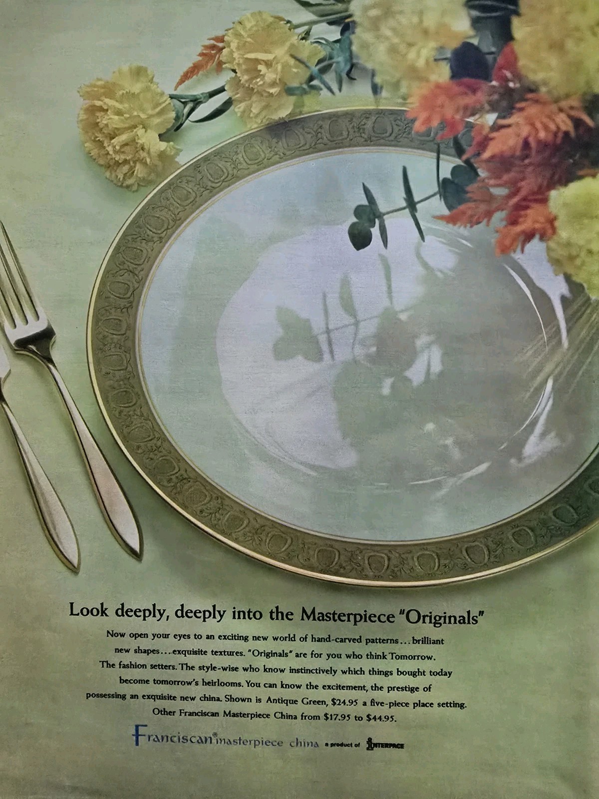 1966 Franciscan Masterpiece China Dinner Plate Antique Green Vintage Ad