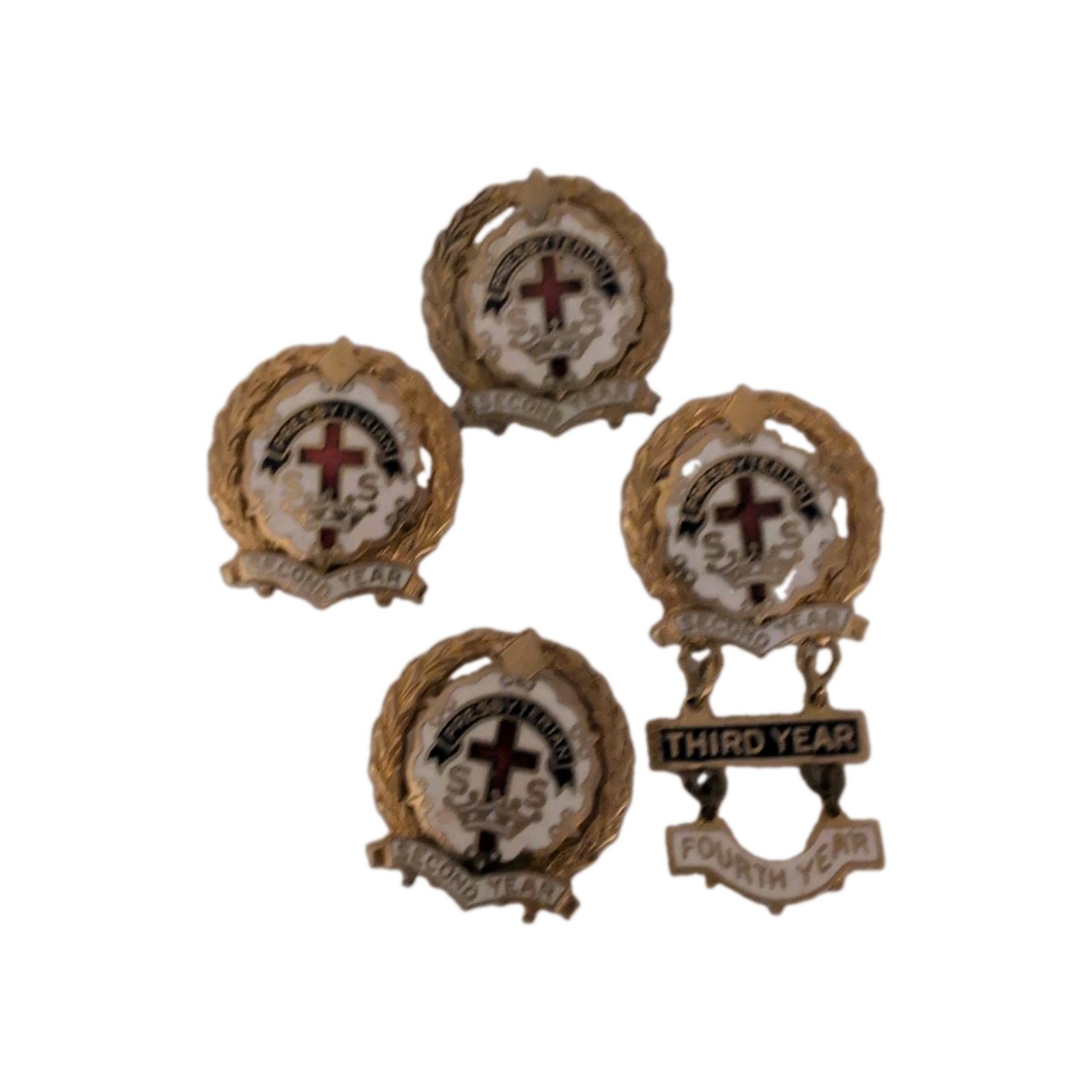Vintage Presbyterian Sunday School Pin 3 Second Year, 1 Fourth Year Cross Crown