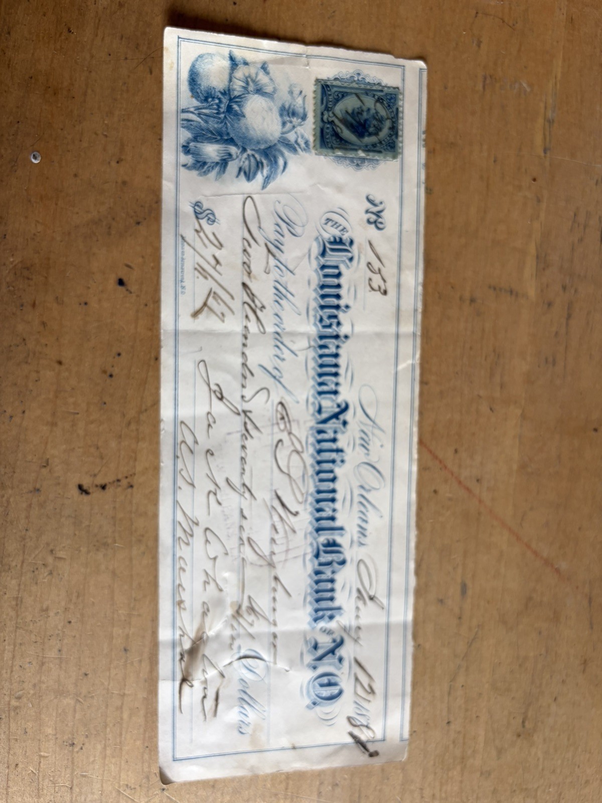 1878 Louisiana National Bank N O Check 183 revenue stamp attached