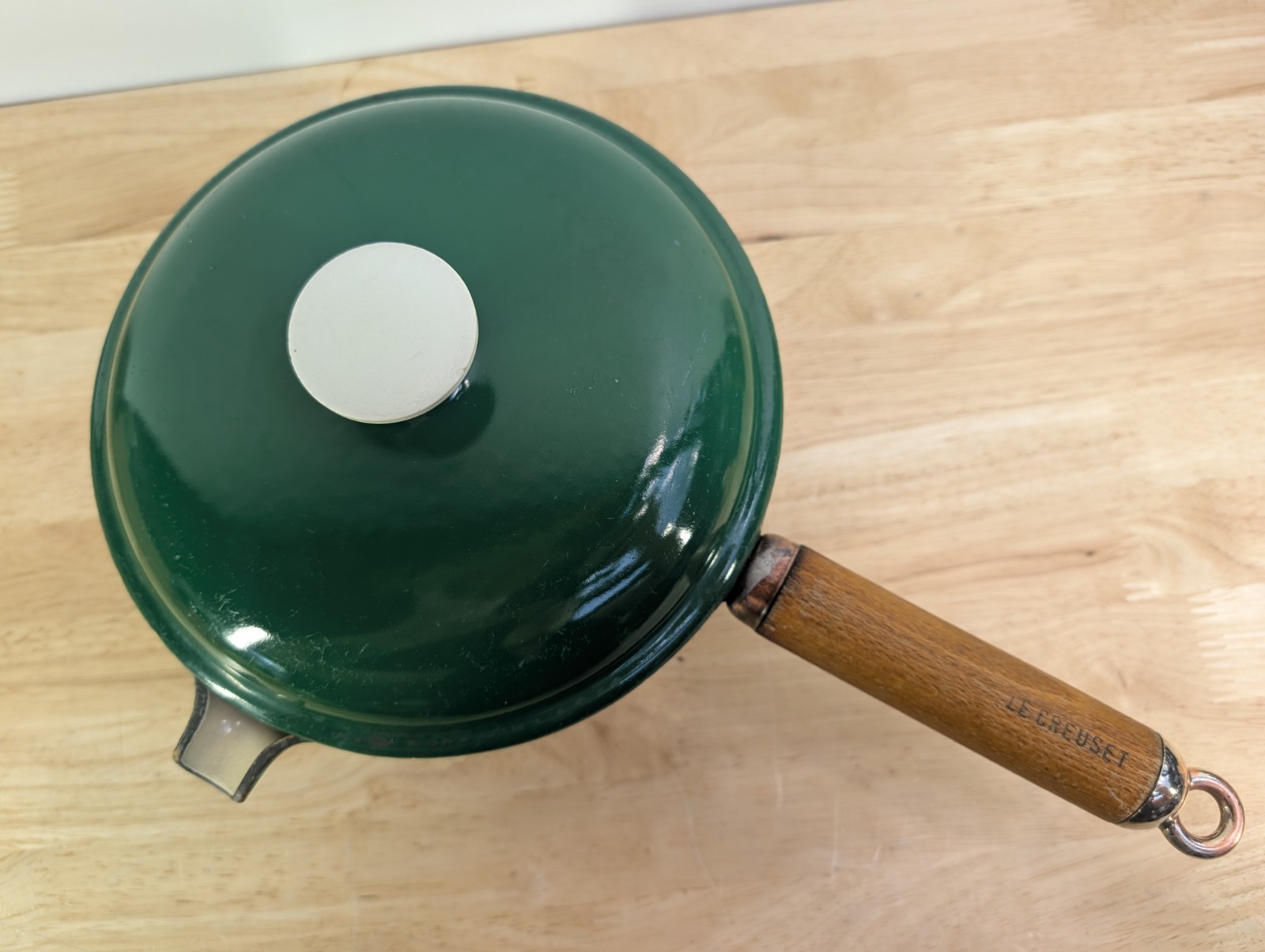 Vintage Le Creuset France #20 Enameled Cast Iron Saucepan-  Green Wood Handle 
