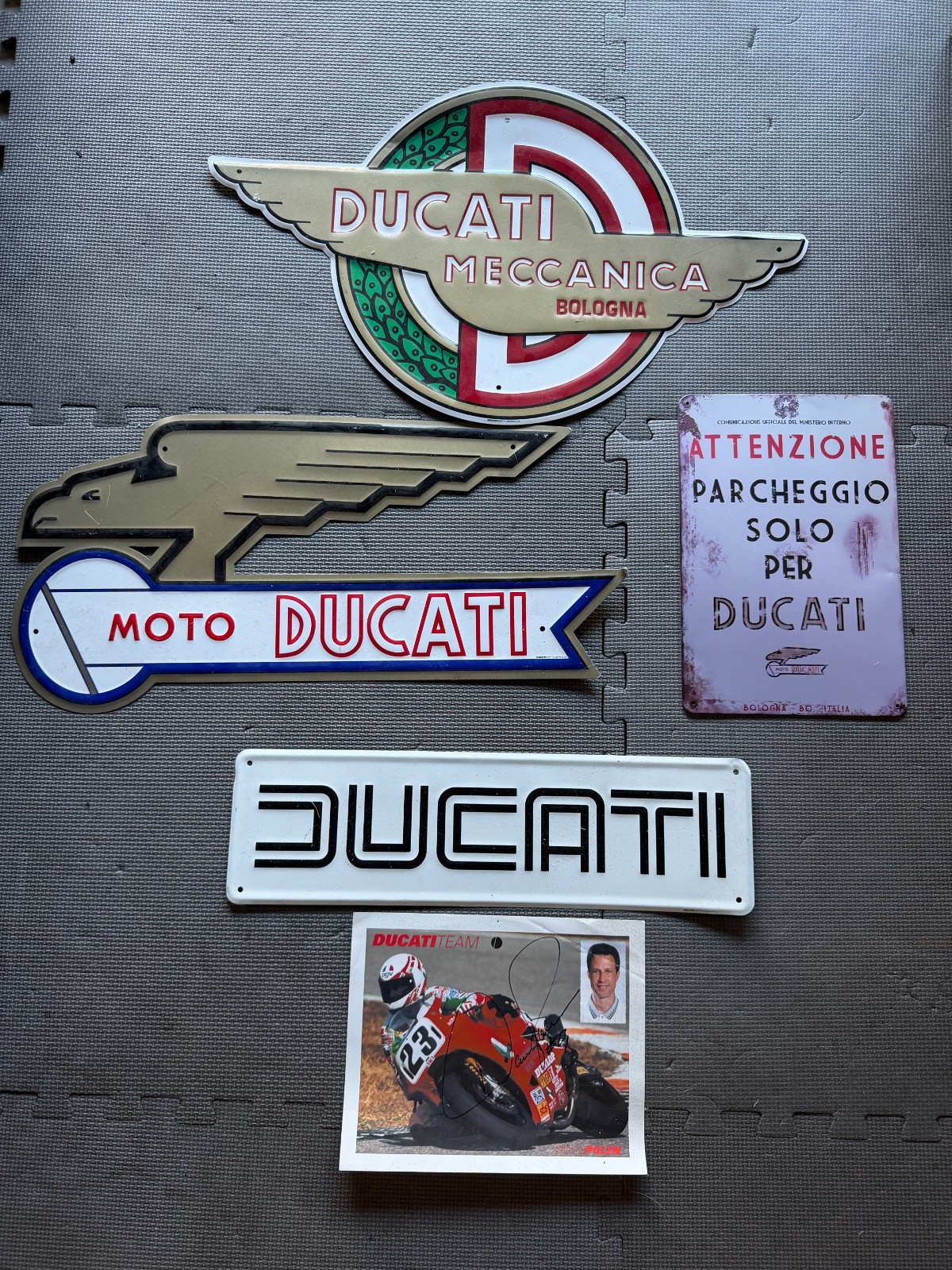 Ducati Motorcycle Vintage Novelty Metal Sign Collection + Doug Polan Autograph Ducati Motorcycle Vintage Novelty Metal Sign Collection + Doug Polan Autograph