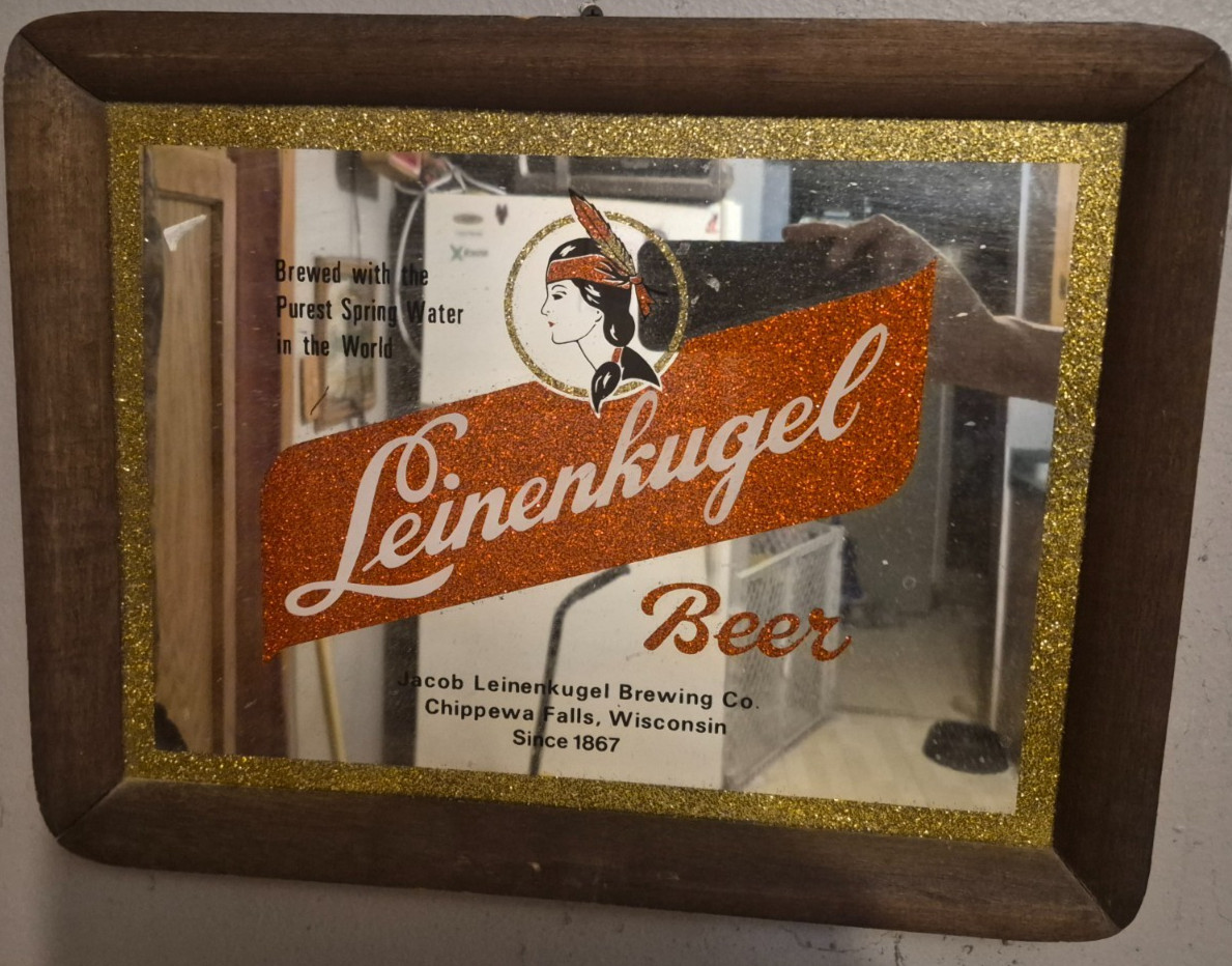 Vintage Leinenkugel’s Beer Advertising Mirror Wood Frame Made in Hong Kong