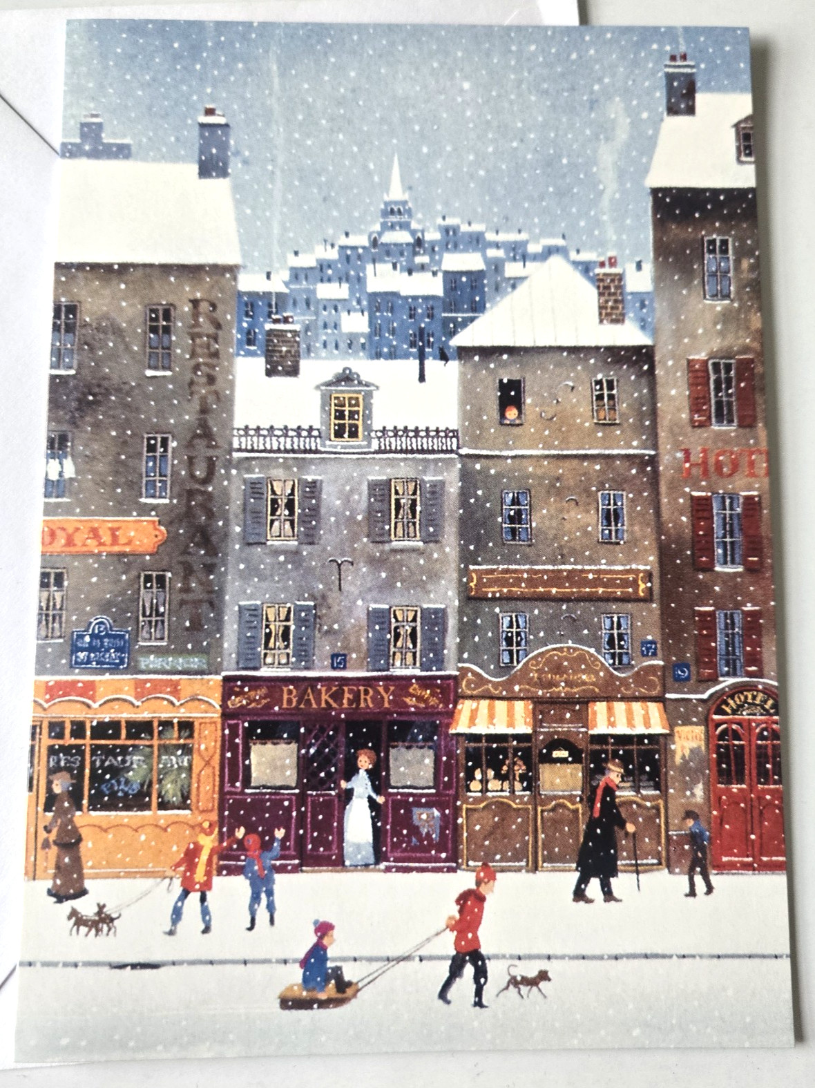 Christmas Card Greetings of the Season Snowy Winter Scene Village Bakery Shops
