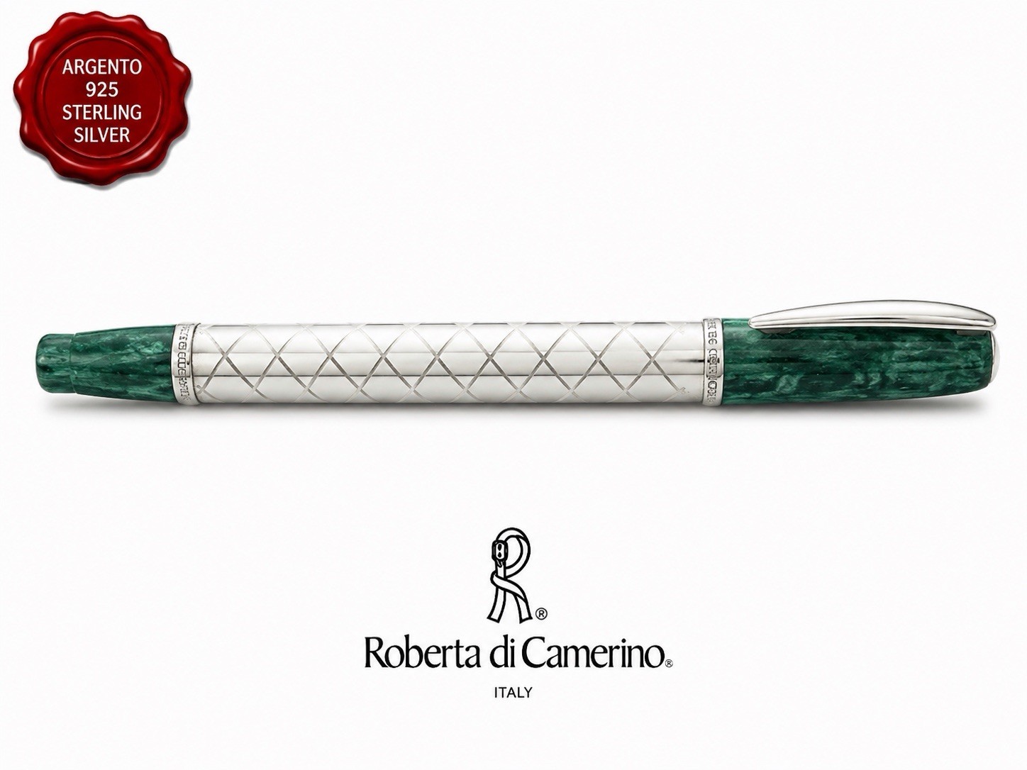 Roberta Di Camerino Silver 925 Ballpoint Pen With Shiny Green Details