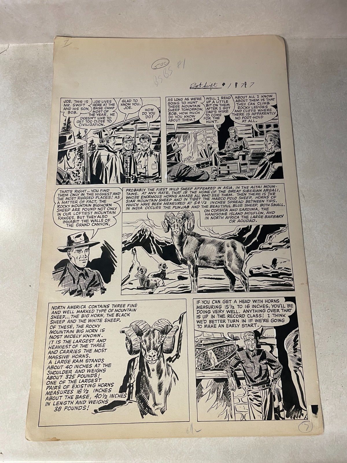 BOB SWIFT #1 original comic art 1951 Sportsman STUDY BIG HORN COZY CABIN HUNTING