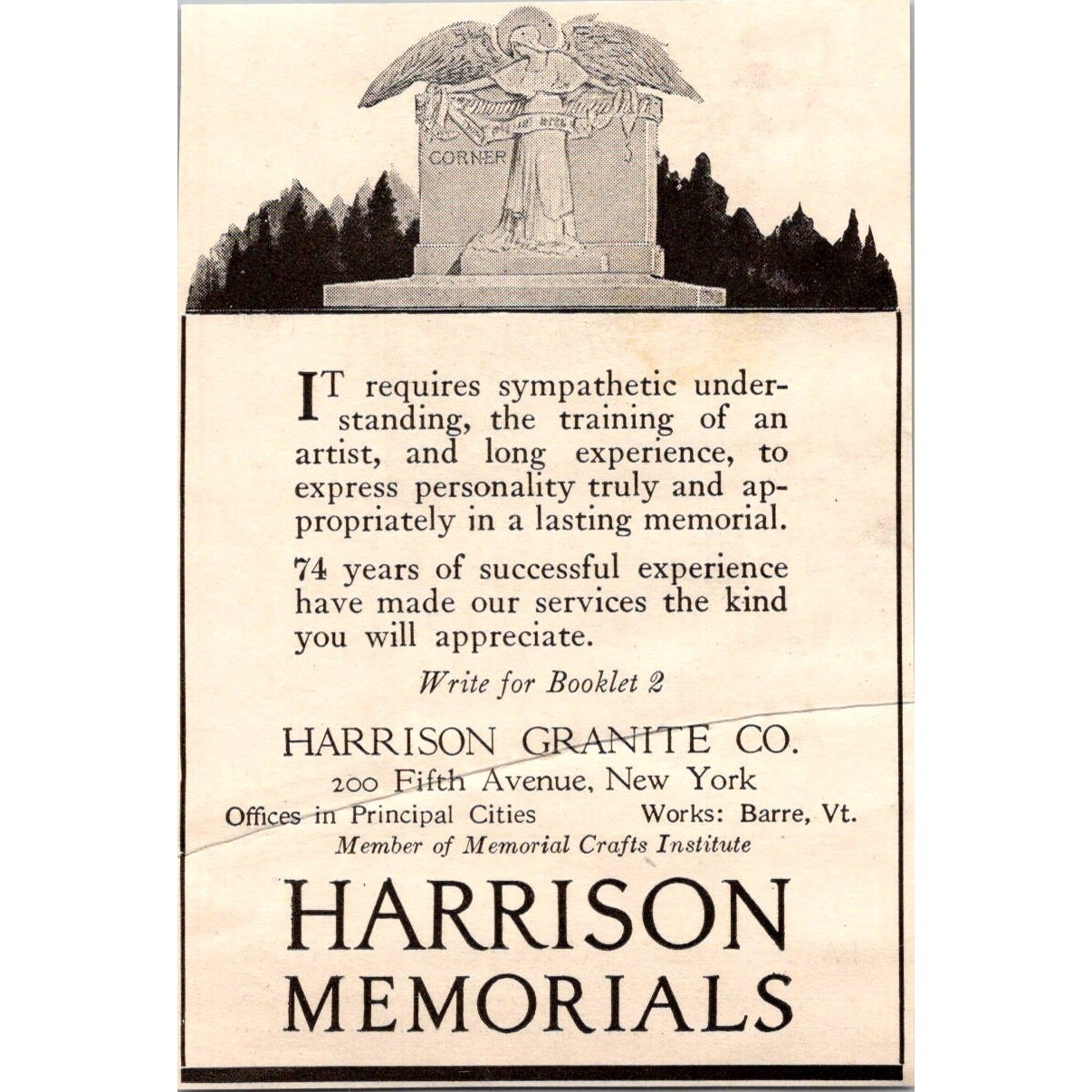 Harrison Memorials Harrison Granite Co 200 Fifth Ave NY c1920 Ad SAK3-M38