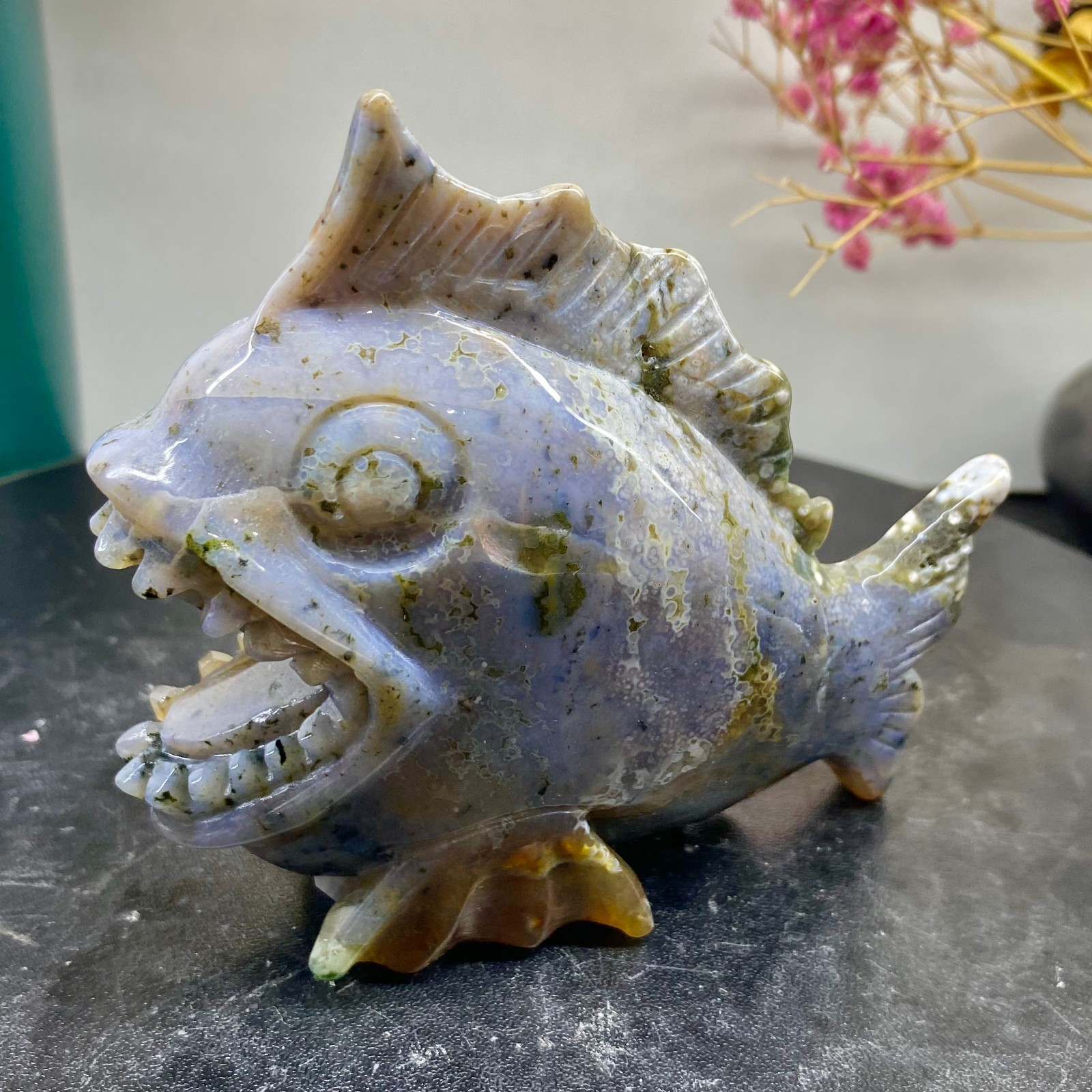 320G Natural Ocean Carved piranha Figurine Crystal Healing Stone