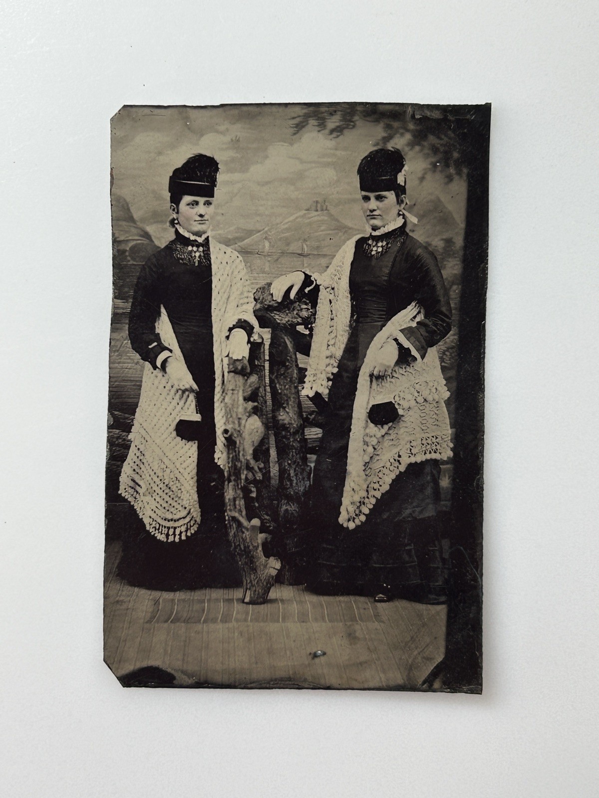 Antique 1800s Tintype Photo 2 Women Fancy Hats Lace Shawls Victorian Fashion