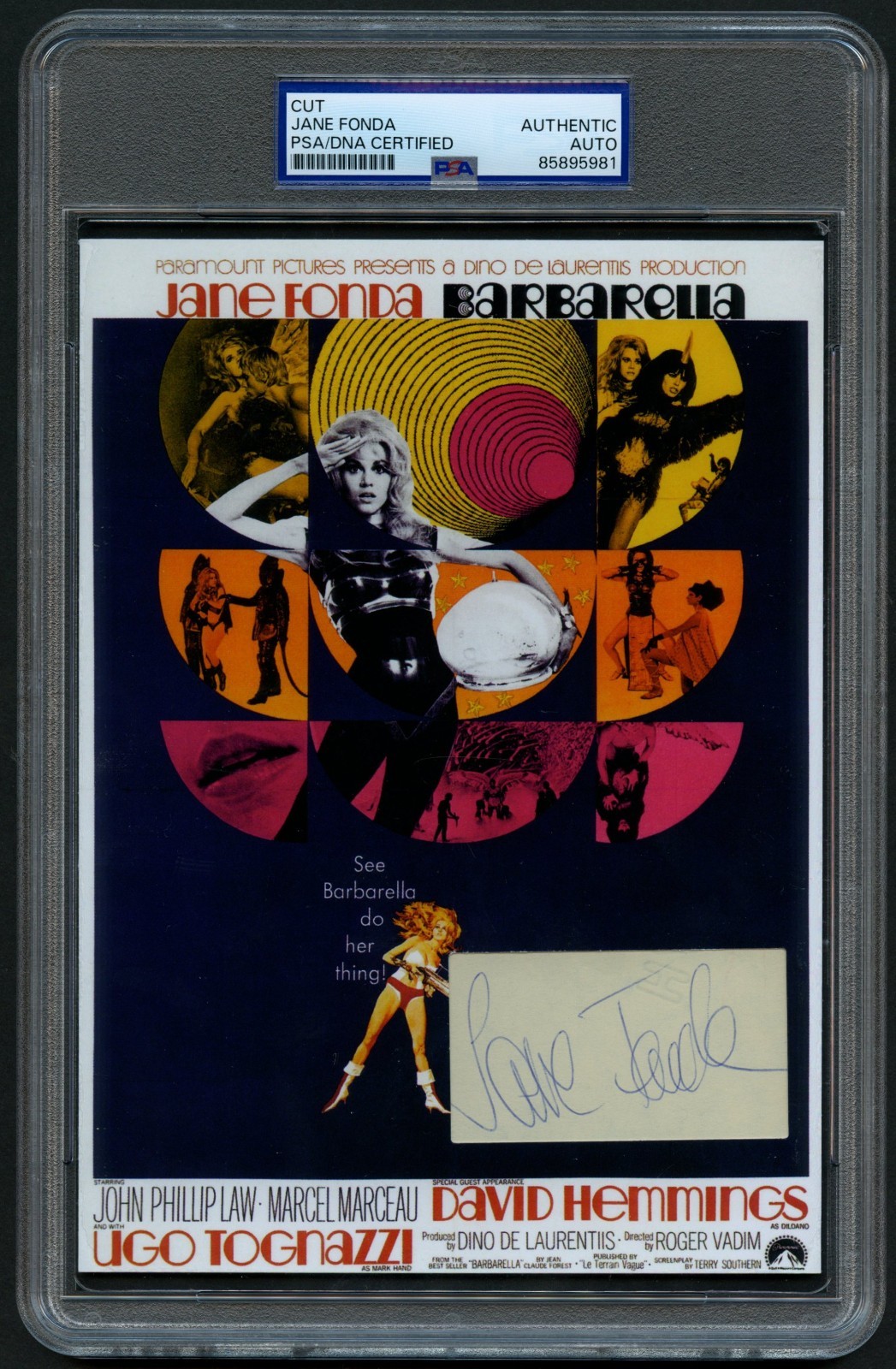Jane Fonda signed autograph 5.5x8 Actress: Barbarella Custom Cut PSA Slabbed