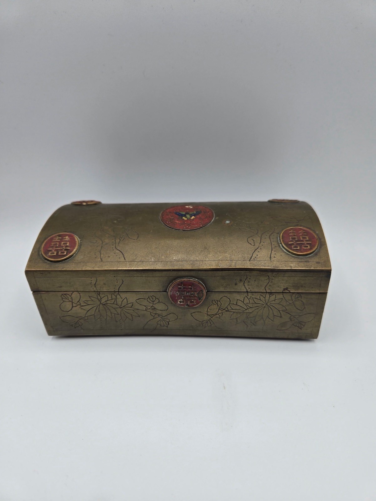 Vintage Chinese Brass Trinket Box With Red Cloisonné Inlays & Floral Engravings