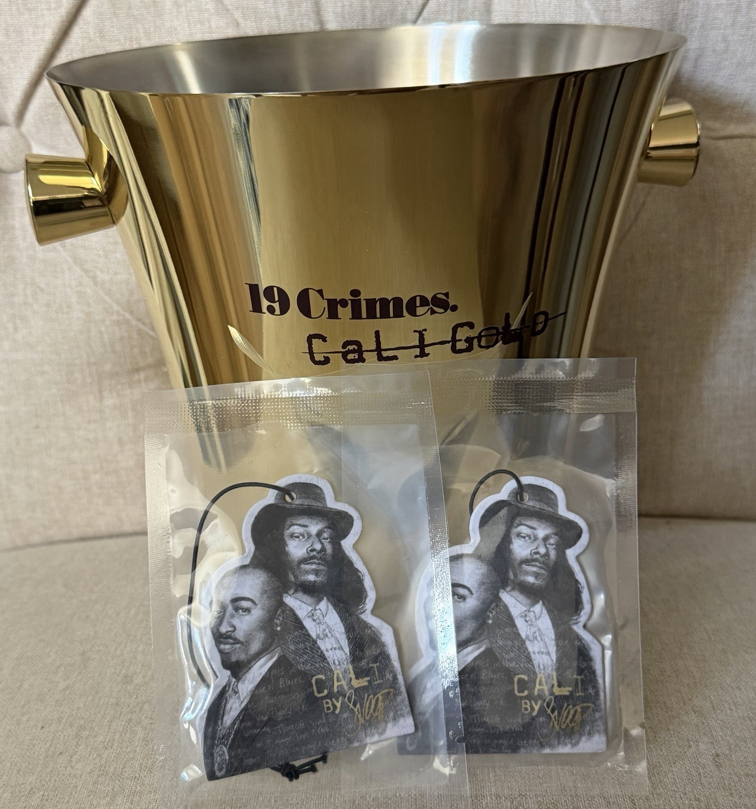 Rare Snoop Dogg 19 Crimes Cali Gold Champagne Bucket Lot w/ Tupac Air Fresheners