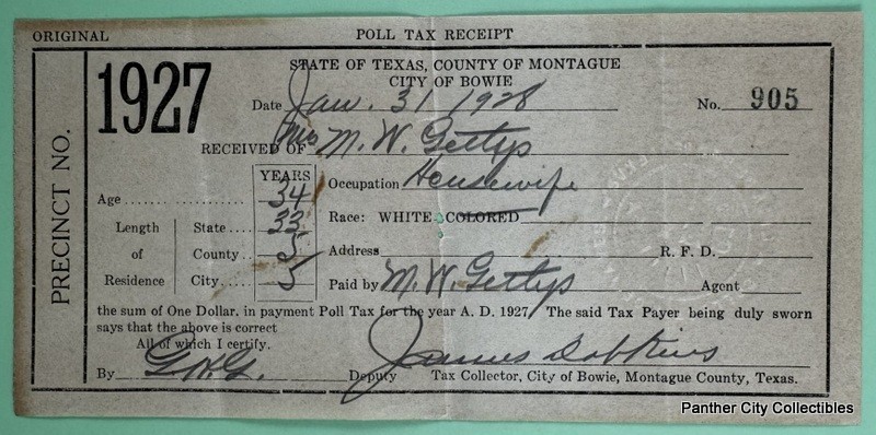 Antique Original 1927 Poll Tax Receipt Montague County Bowie Texas