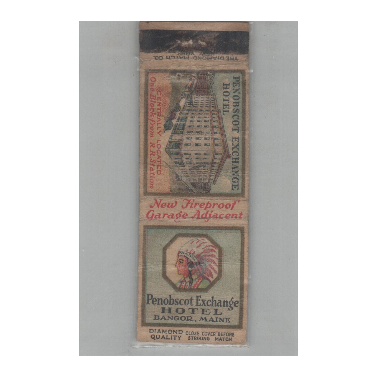 1920s-1930s Diamond Q Tall Matchbook Cover Penobscot Exchange Hotel Bangor ME