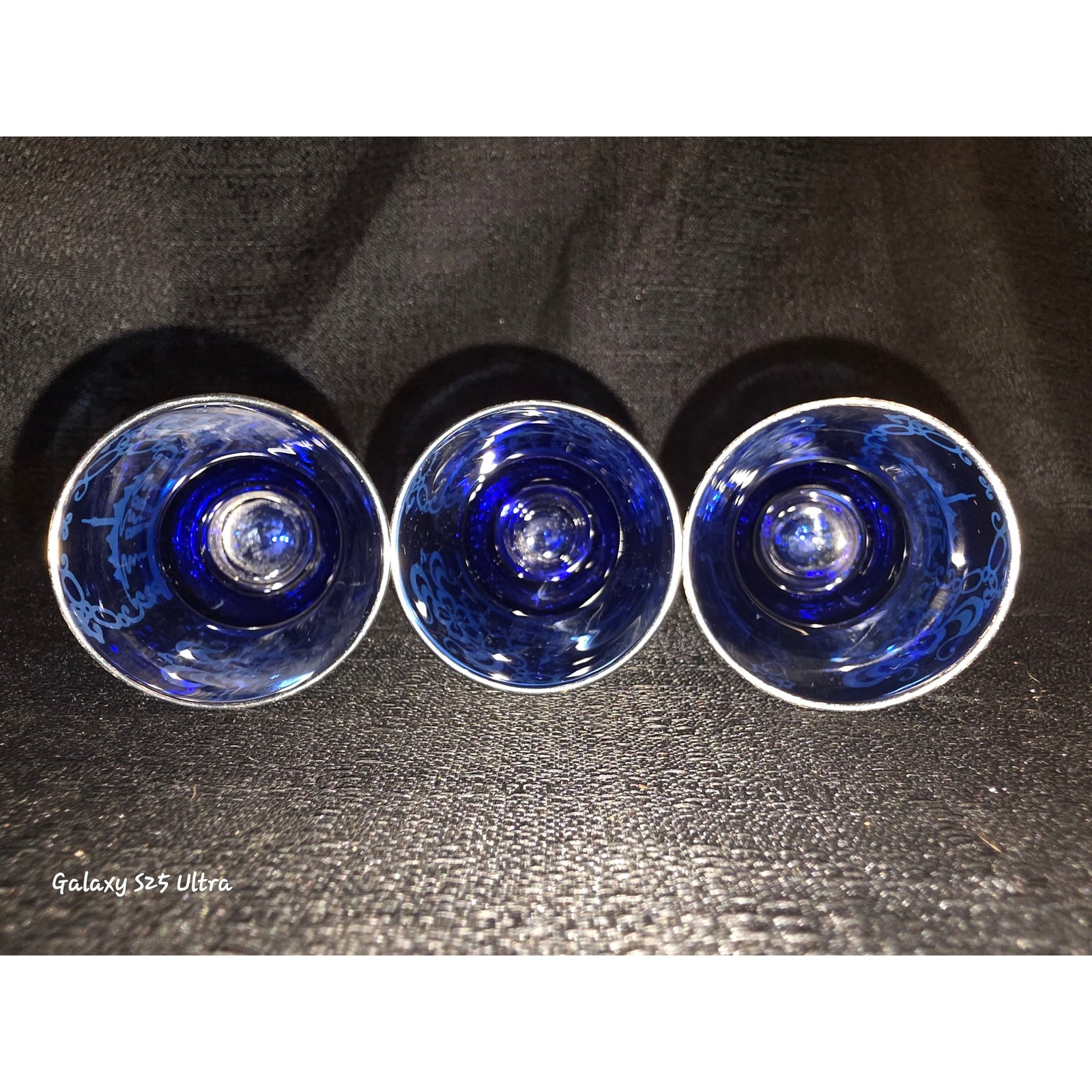 Vintage Cobalt Blue Silver Etched Mini Cups Set of 3 – Decorative Glassware