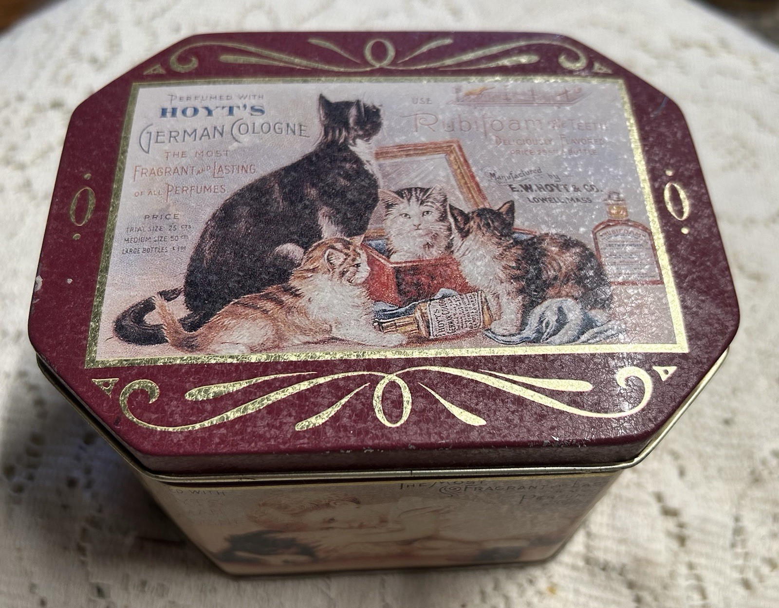 Vintage BristolWare Hoyt's German Cologne Tin. Cats, Little Girl & Dog