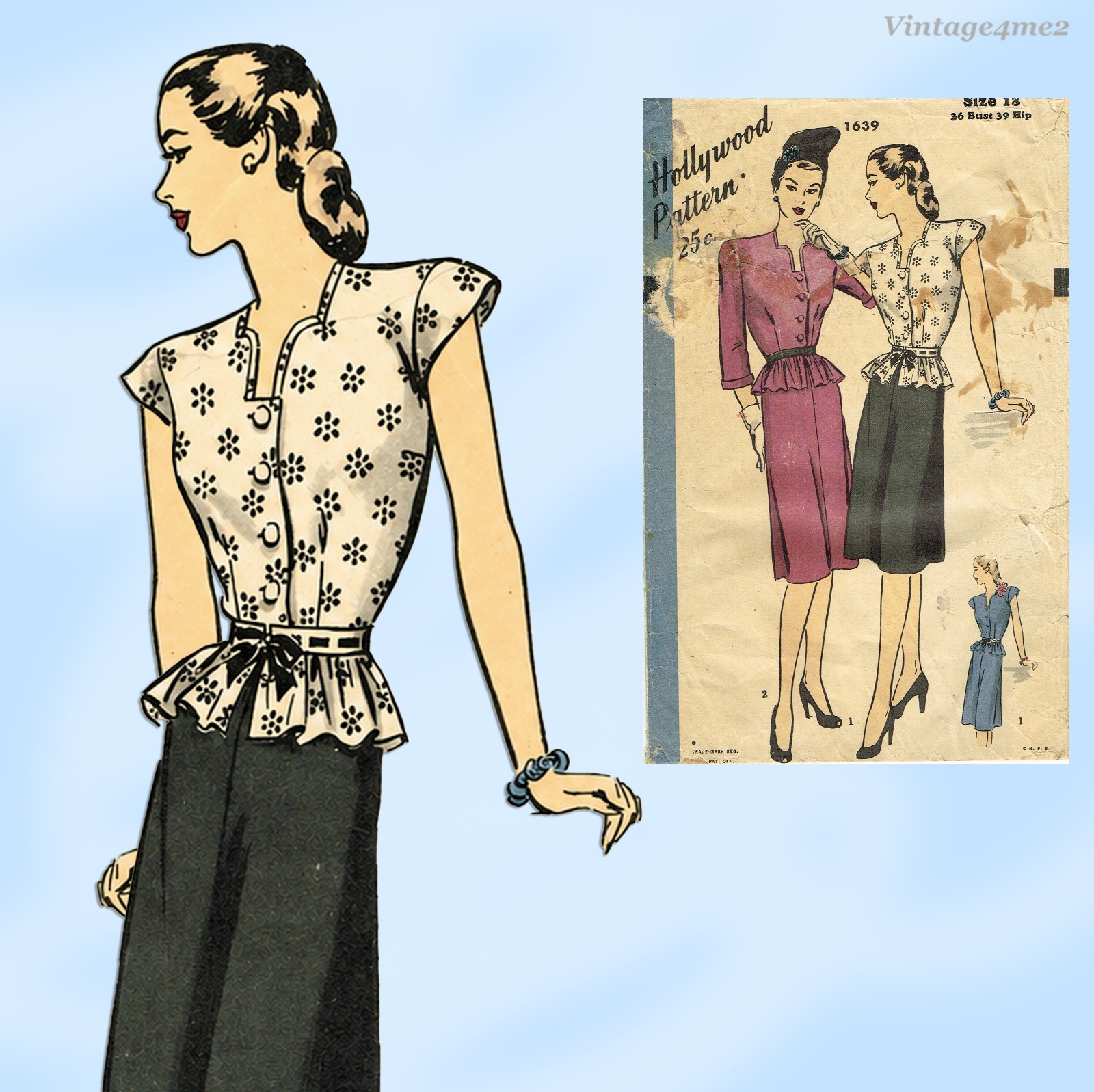 V4me2 Outlet 1940s Hollywood 1639  Sweetheart Peplum Dress Pattern WWII Bust 36