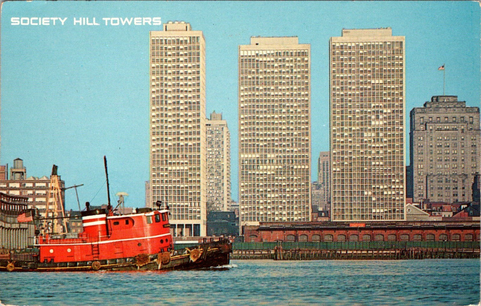 Philadelphia PA Society Hill Towers Delaware River Chrome Postcard Unposted