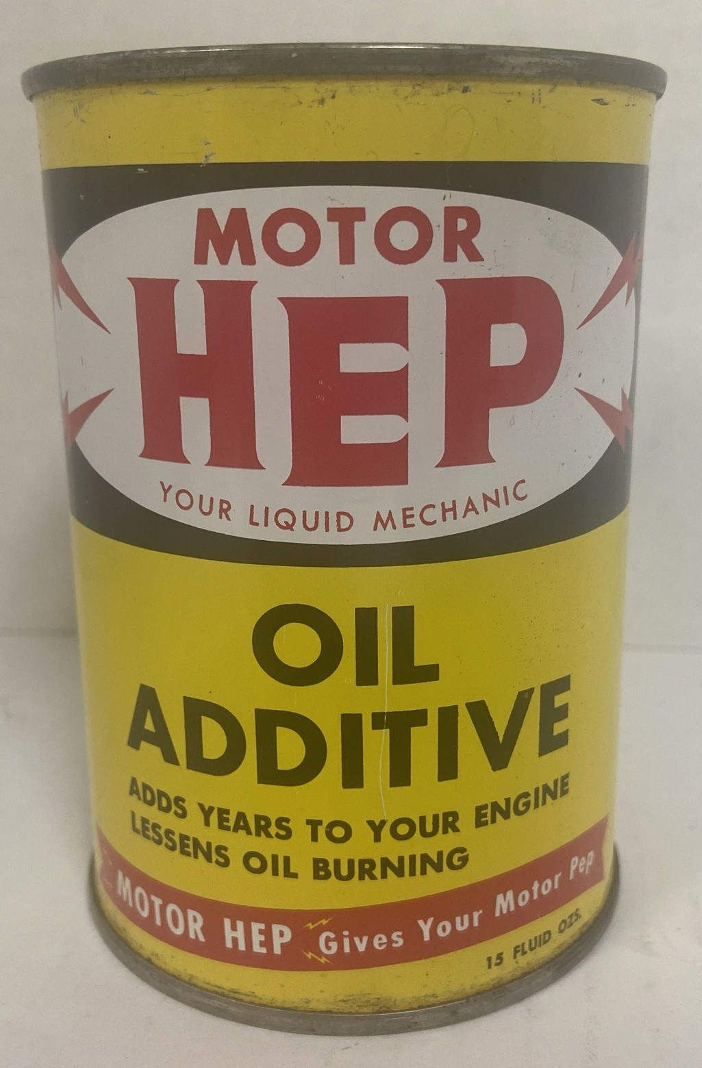 rare motor hep liquid mechanic oil addative can 15 oz.--great color