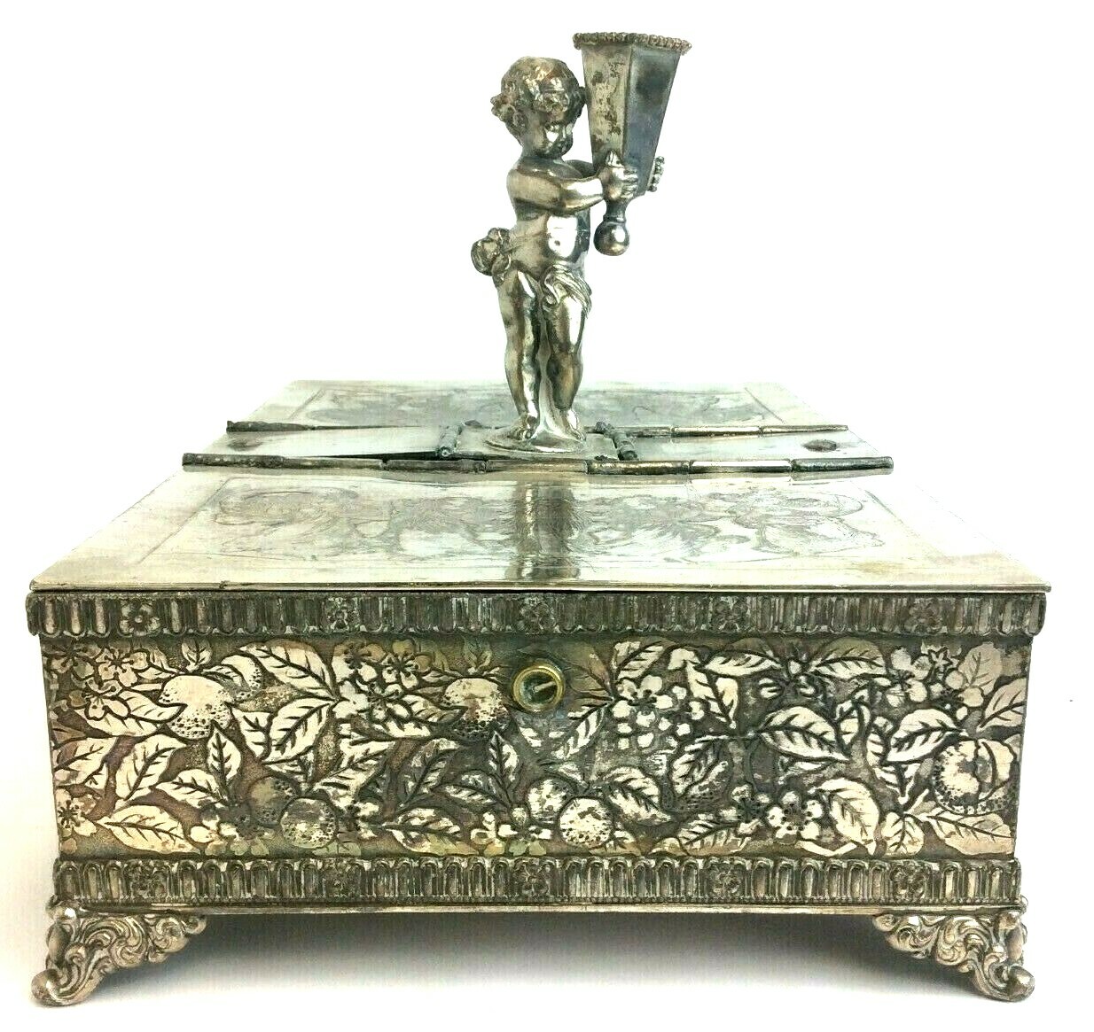 Antique Meriden B Co CT Decorative Vanity Candlestick Box Etched White Metal USA