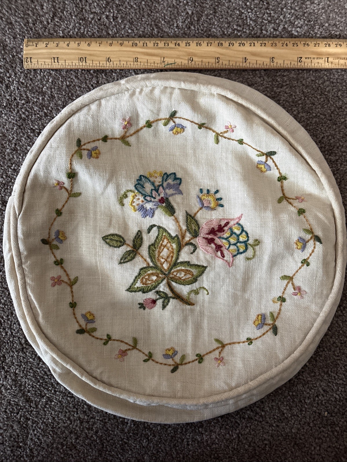 Vintage Crewel Embroidered Pillow Cover Floral JACOBEAN 12” Superior Craft