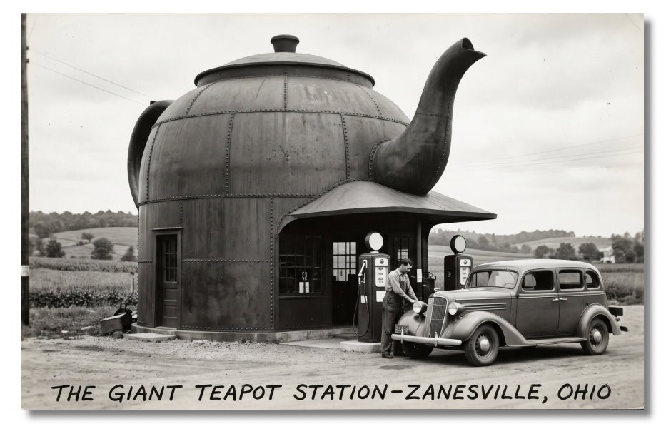 Vintage‑STYLE NEW ART 1930's RPPC-GIANT TEAPOT GAS STATION-ZANESVILLE OHIO-FAUX