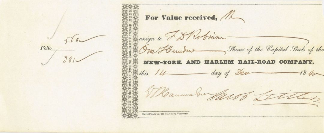 New York and Harlem Rail-Road Co. Signed by Jacob Little - Autographed Stock C
