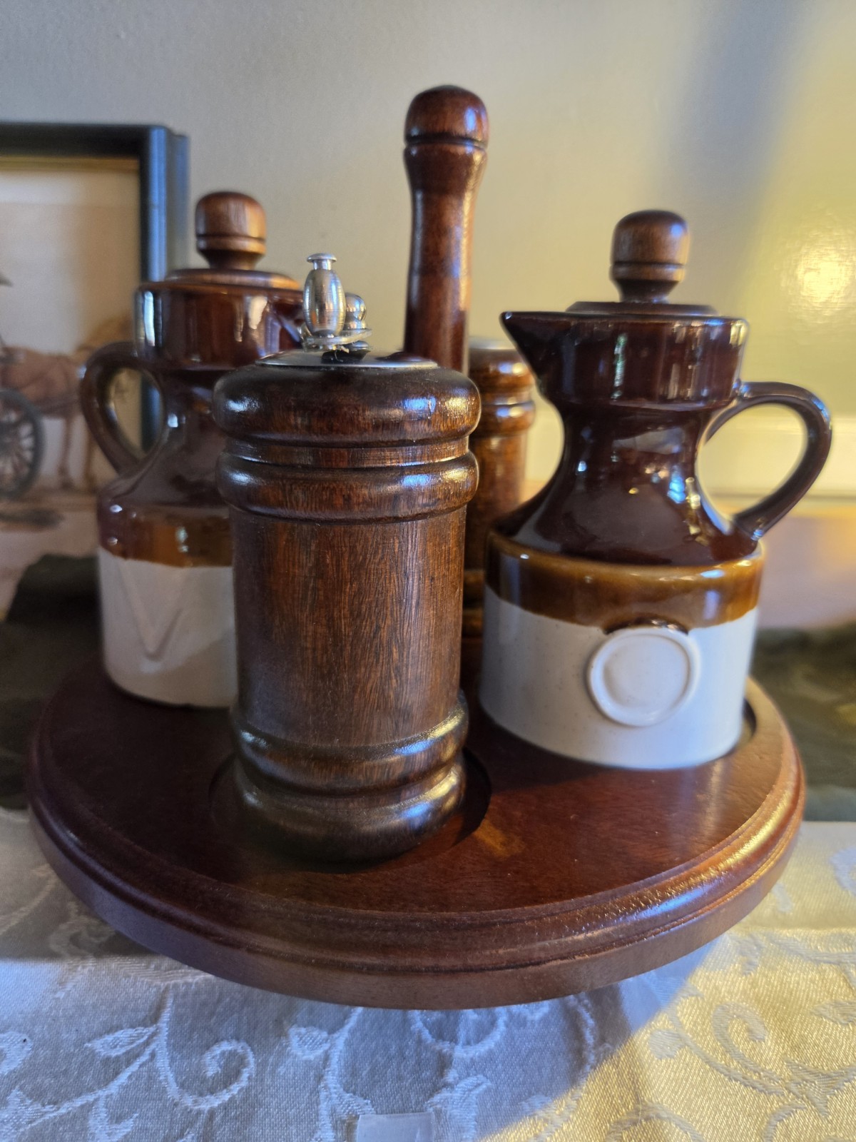Vintage Mid-Century Stoneware & Wood Cruet Set with Rotating Lazy Susan...