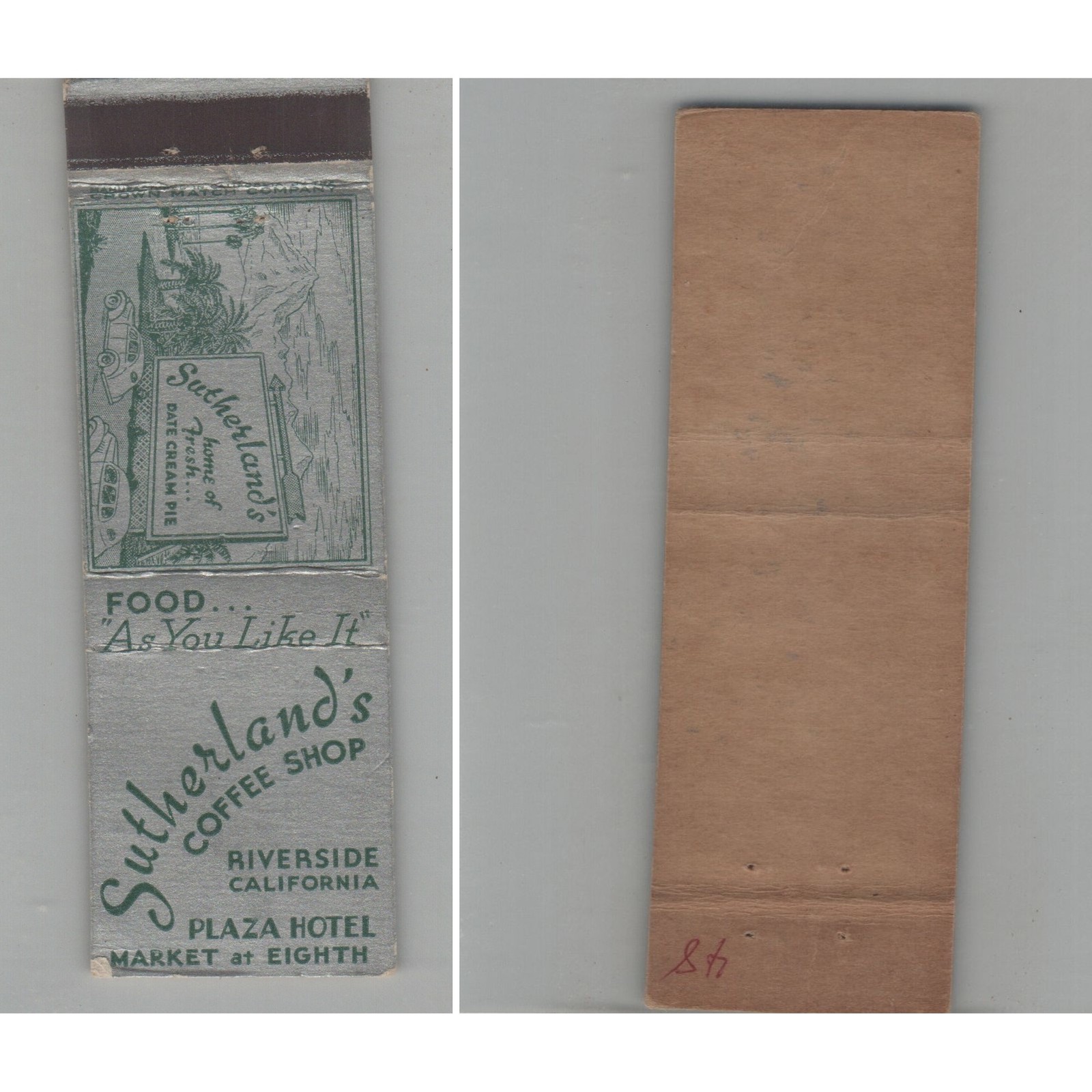 Matchbook Cover Sutherland\'s Coffee Shop Riverside CA #2