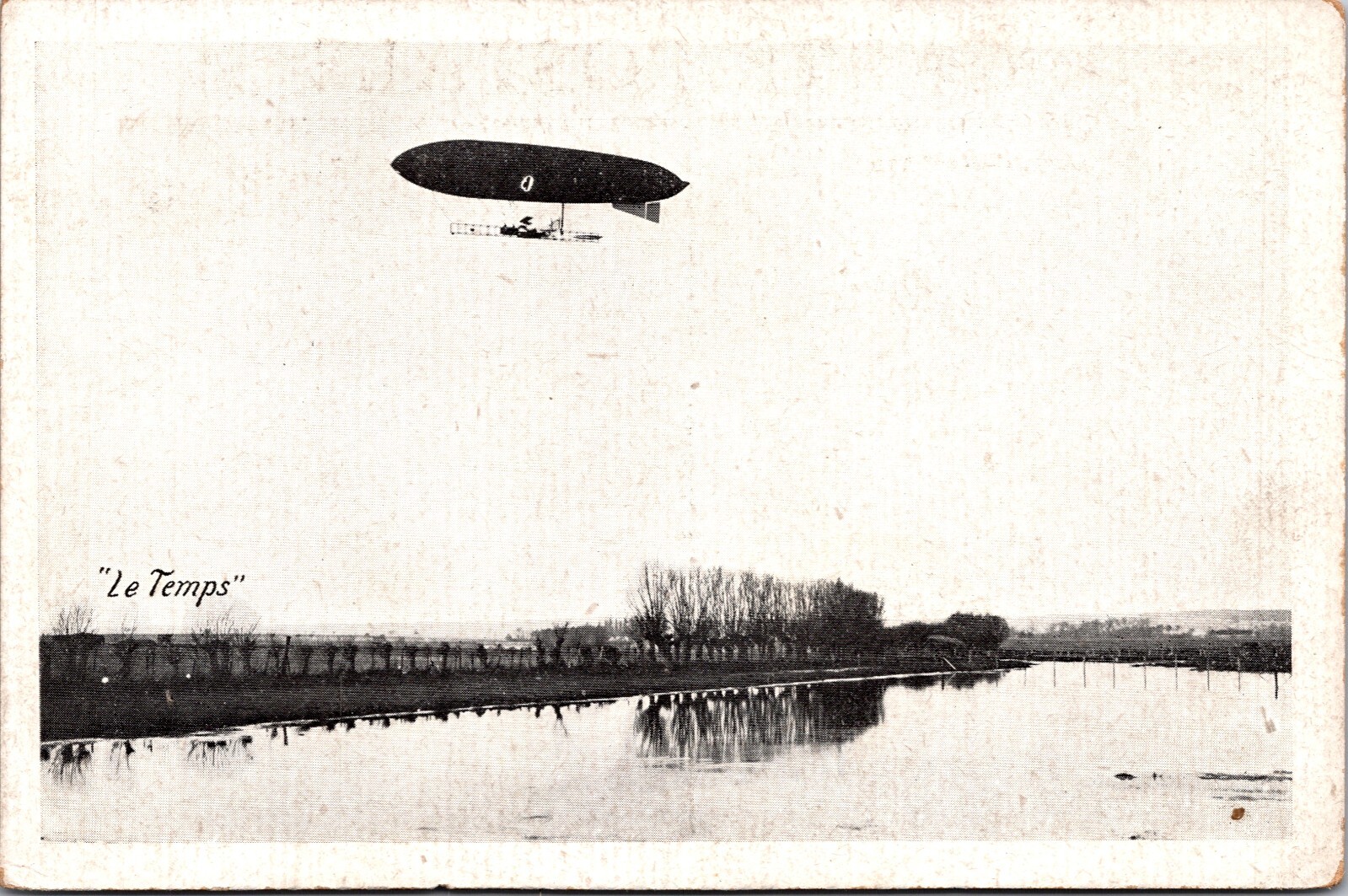 Vintage Photo Postcard Le Temps The Times Dirigible Airship Flying over Water