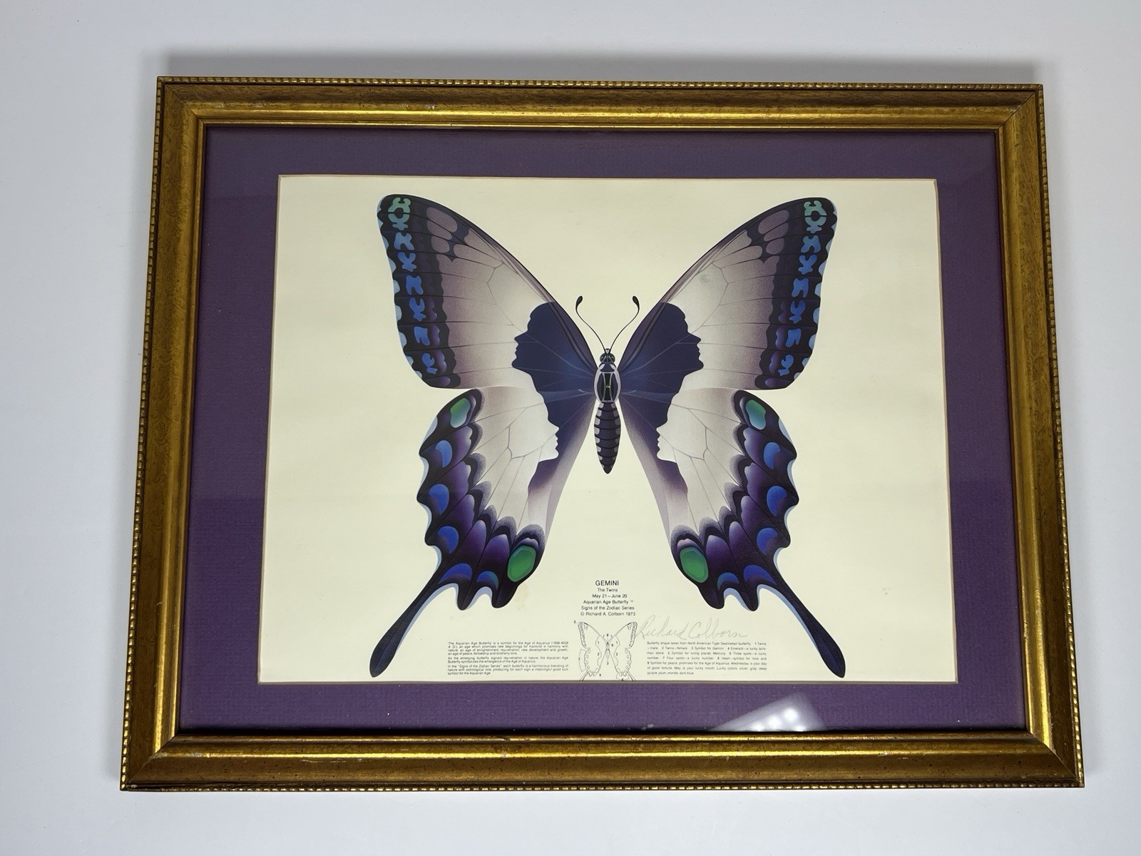 SIGNED - Vintage 1973 Richard A. Colborn Gemini Butterfly Astrology Print Framed