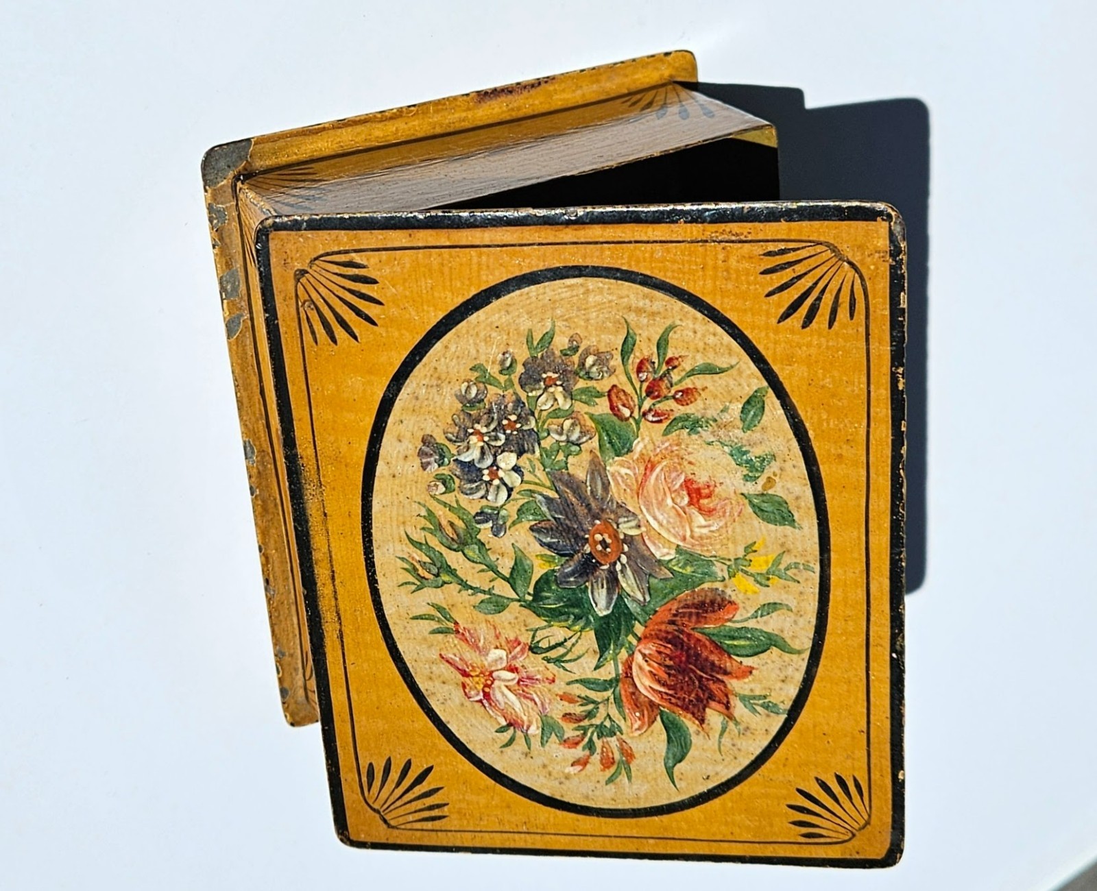 Antique hand-painted toleware tin box floral bouquet/mustard yellow ground 4.75 Antique hand-painted toleware tin box floral bouquet/mustard yellow ground 4.75
