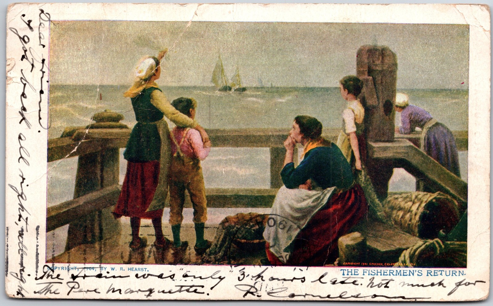 The Fishermens Return, 1904 Maritime Harbor Scene, People Watching Sea, Postcard