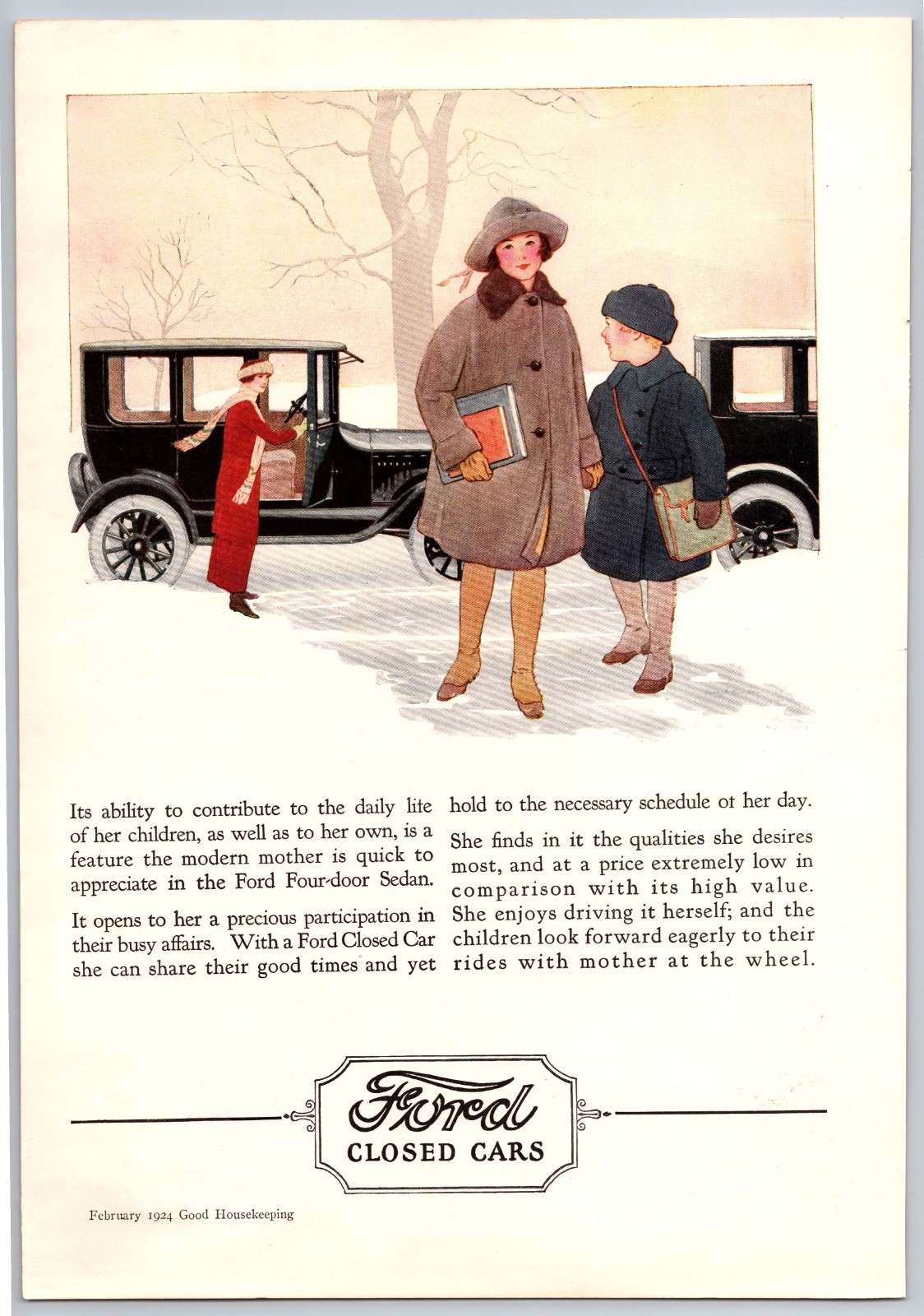 Vintage 1924 Ford Clsoed Cars, Kids, Winter Scene, Car 20\'s Print Ad
