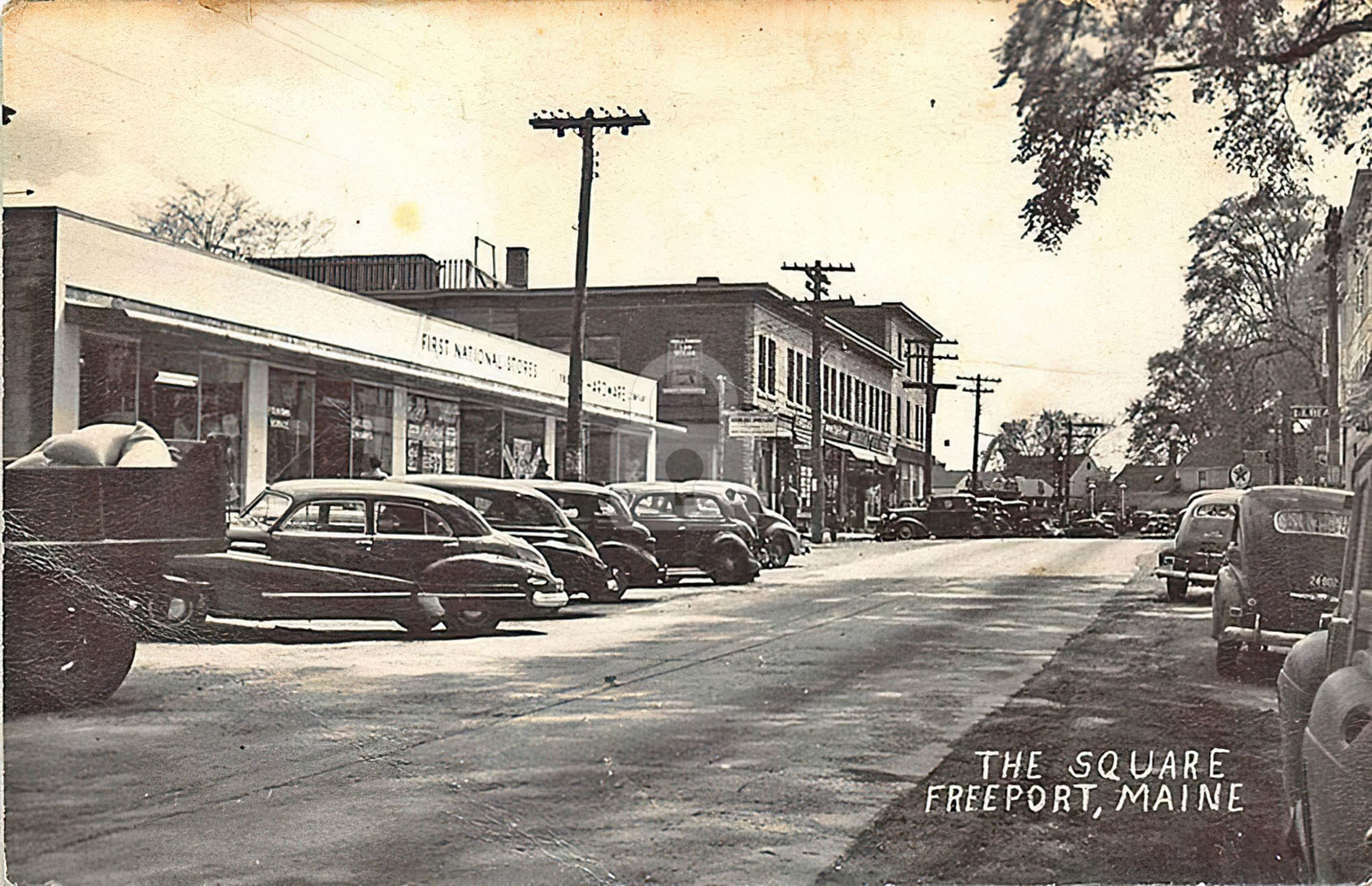 Freeport ME Maine The Square Storefronts Old Cars RPPC Postcard Copy
