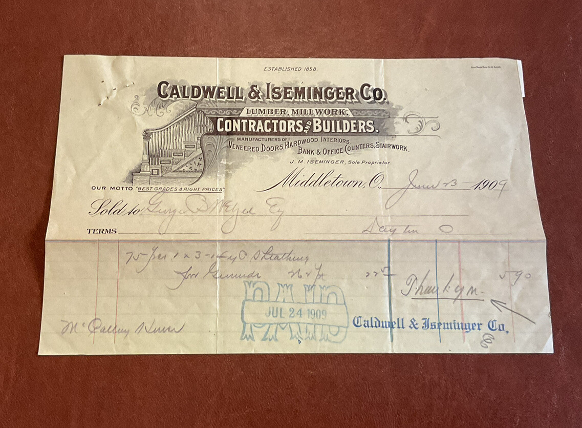 1913 Caldwell & Iseminger Lumber Co Ohio Gast Bank Lithograph Letter Head Bill