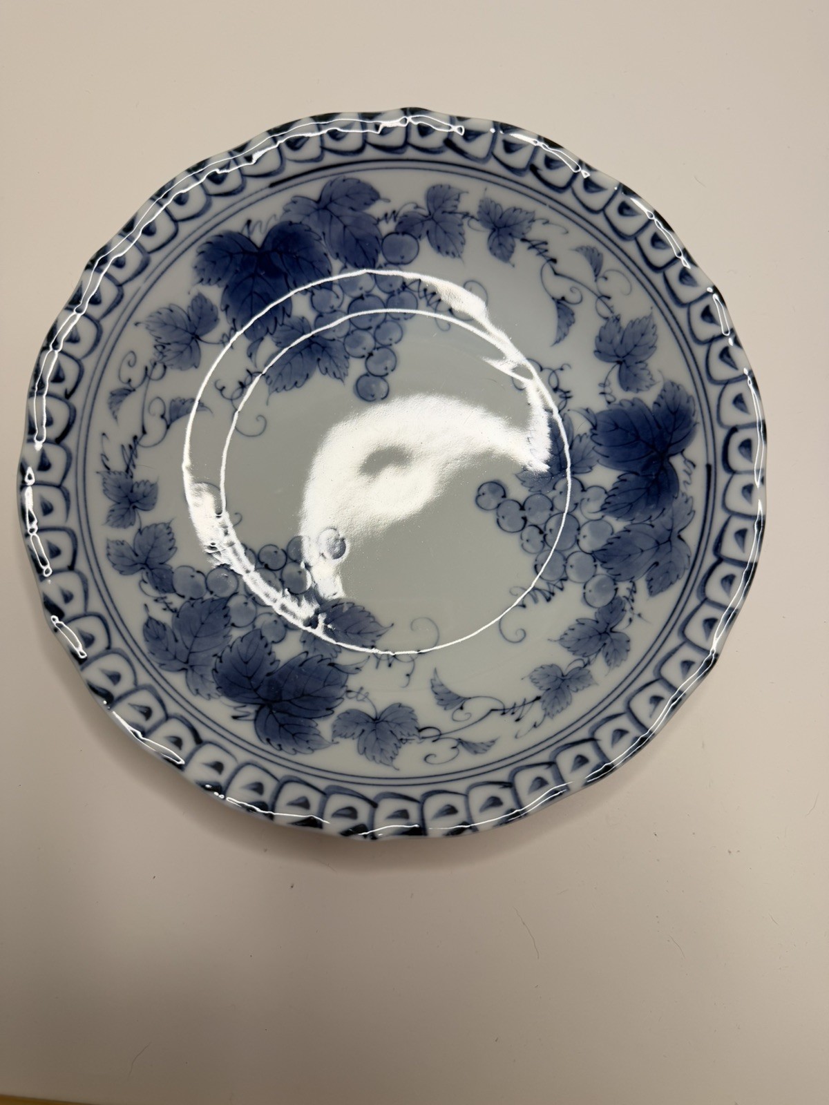 Vintage Japanese Arita Theme Blue and White 8” Bowl with Grape Motif