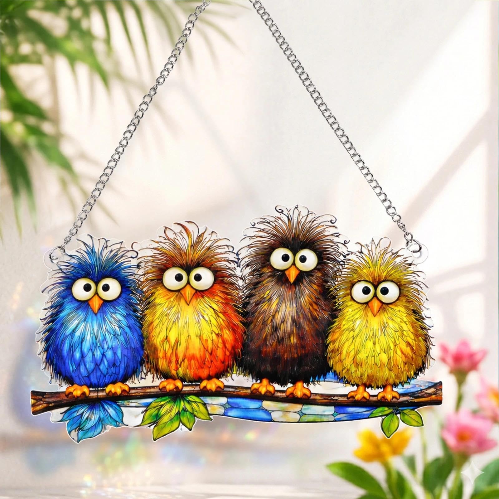 Stained Glass Window Hanging - Funny Fluffy Birds Suncatcher for Windows Door...