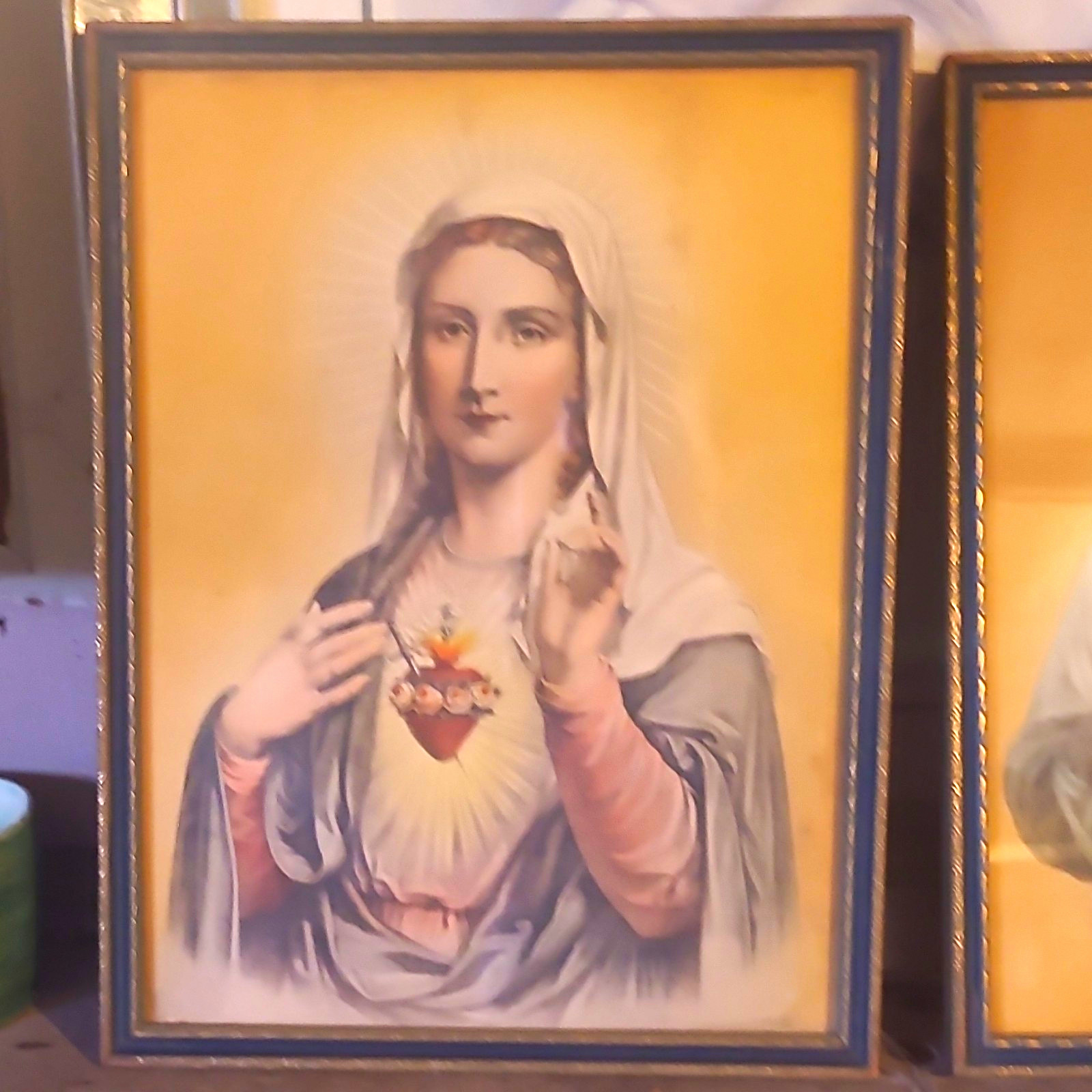 Framed Christian Prints Lot of 2 Sacred Heart Jesus & Mary
