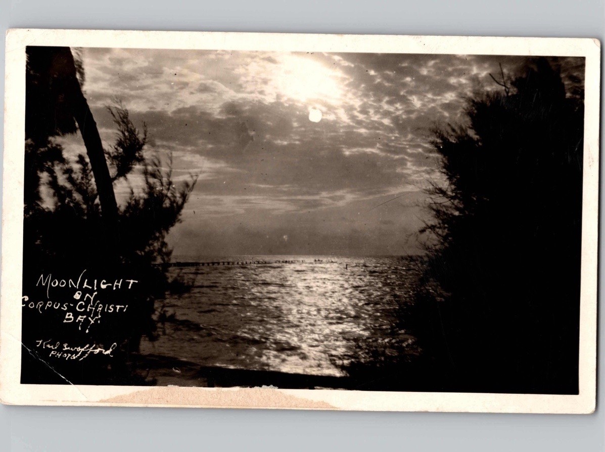 c1930 Moonlight On Corpus Christi Bay Texas TX RPPC Real Photo Postcard